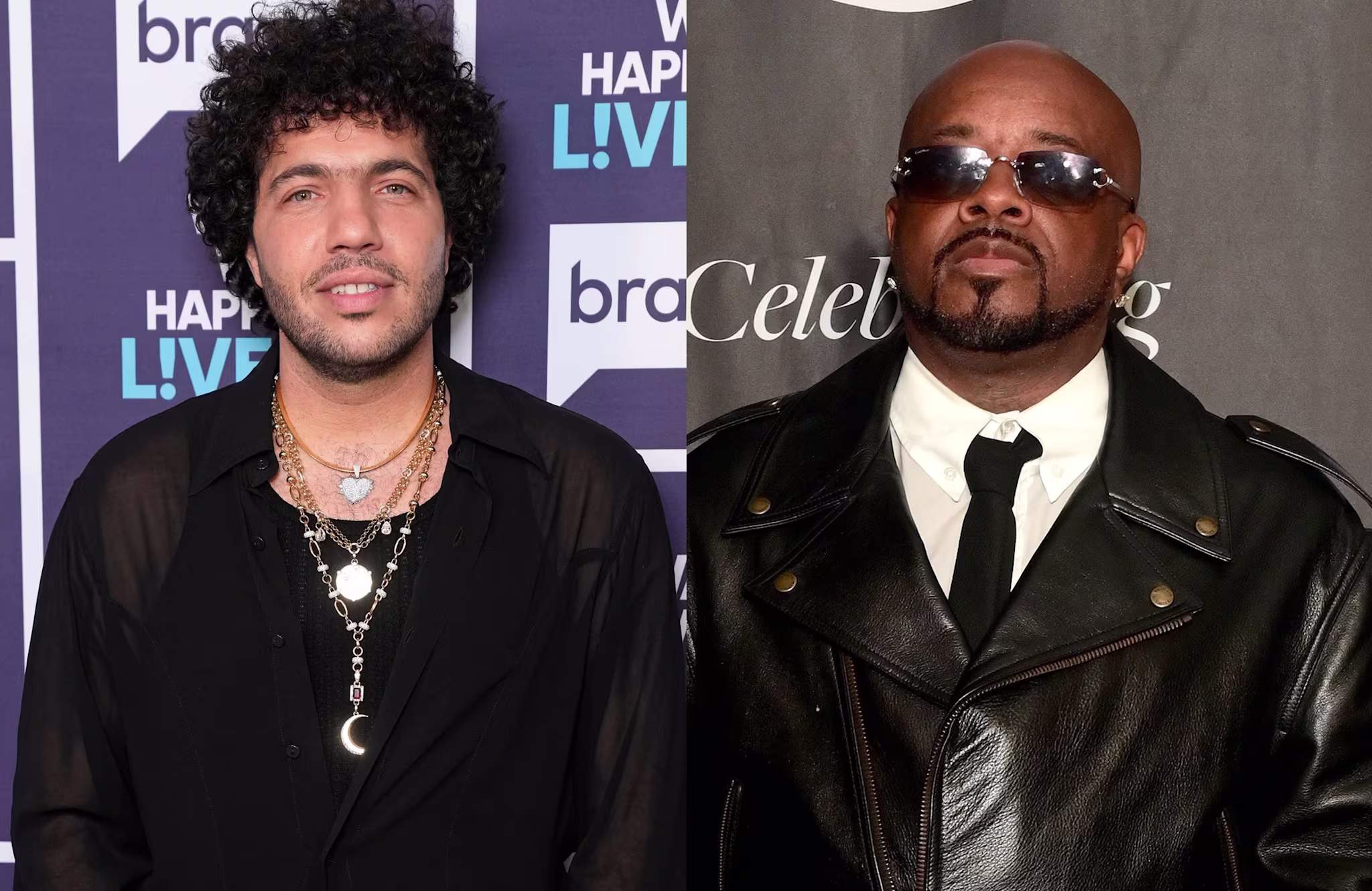 Benny Blanco wearing layered necklaces and Jermaine Dupri in sunglasses and a leather jacket.
