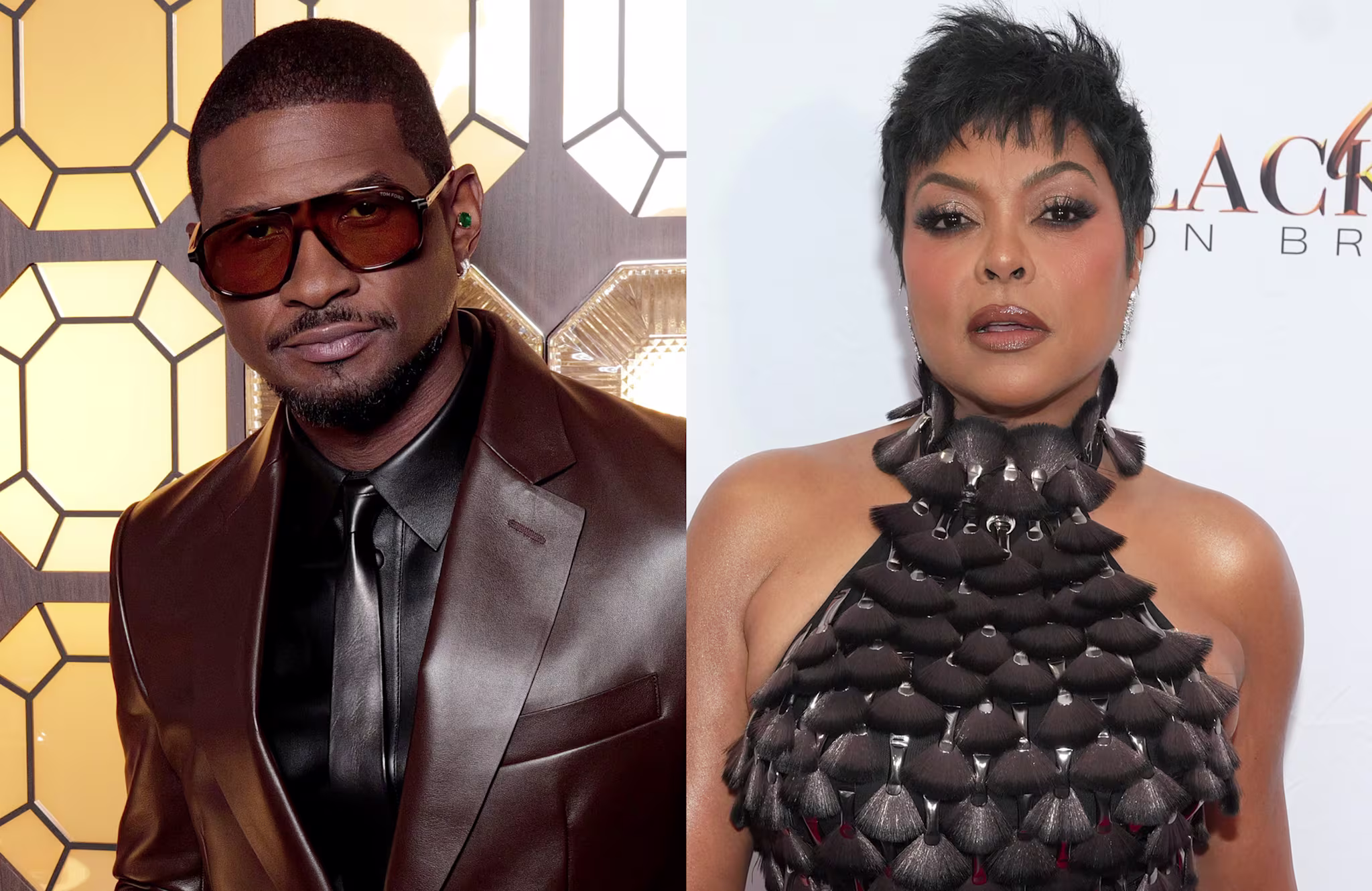 Usher in a brown leather suit with sunglasses, and Taraji P. Henson in a textured black dress, both posing at separate events.