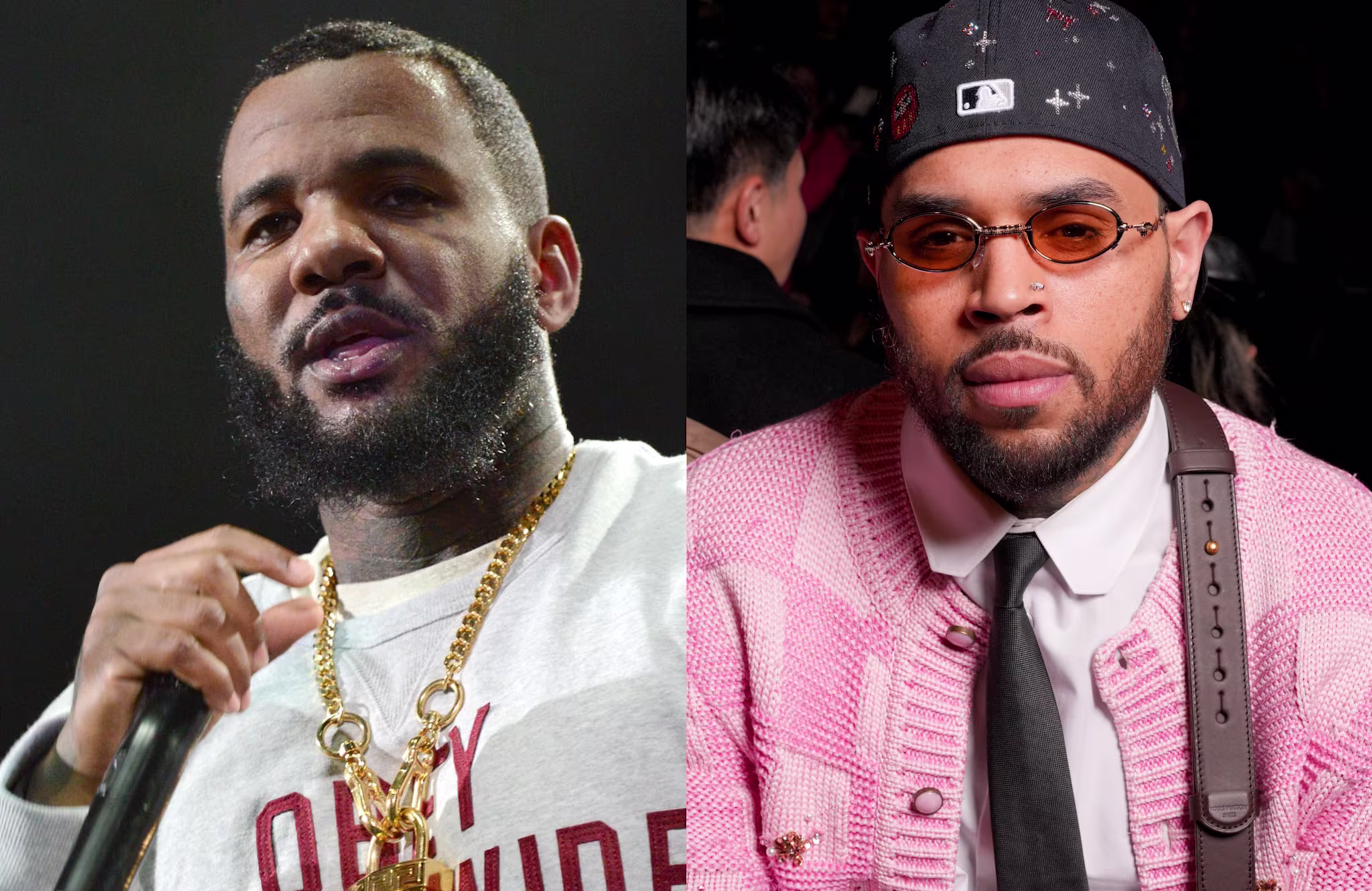 The Game and Chris Brown side by side; The Game is holding a microphone, while Chris Brown wears sunglasses and a pink jacket.