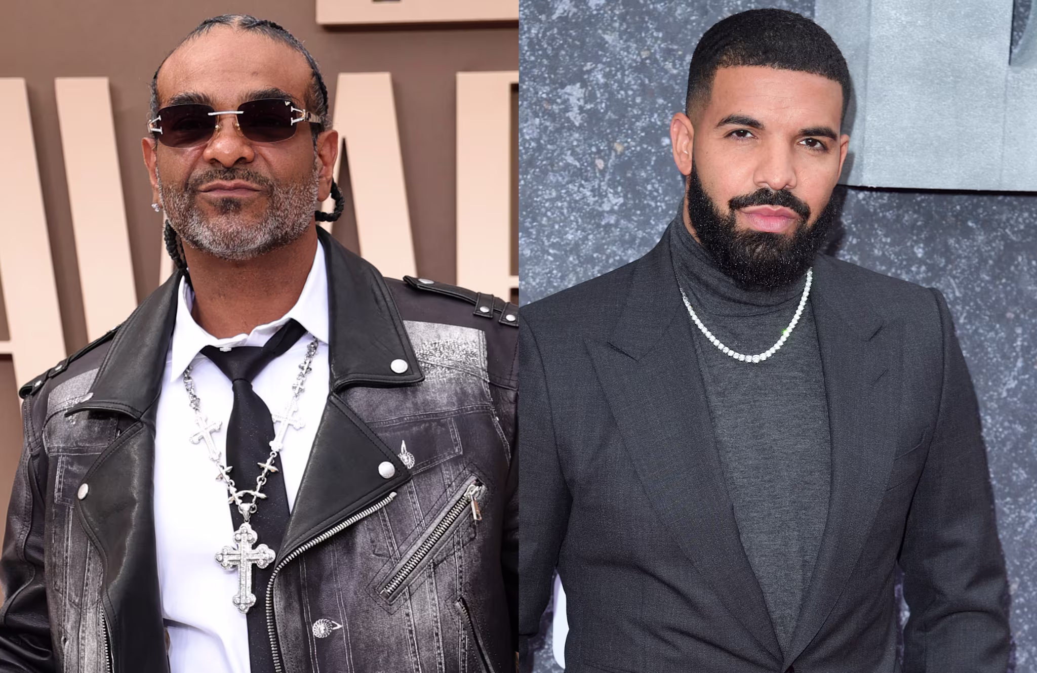 Jim Jones in a leather jacket with sunglasses on the left, and Drake in a black suit with a pearl necklace on the right.