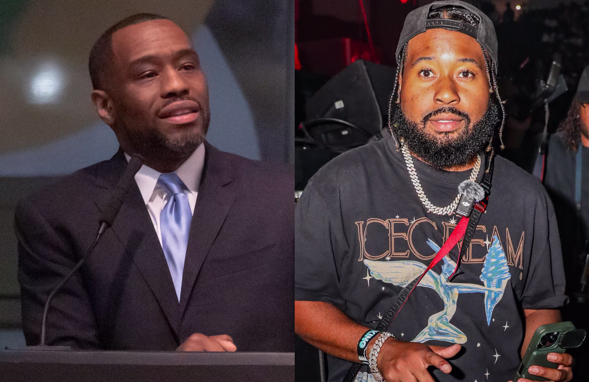 Marc Lamont Hill on the left is speaking at a podium, wearing a suit. Akademiks on the right is wearing a casual shirt and cap.