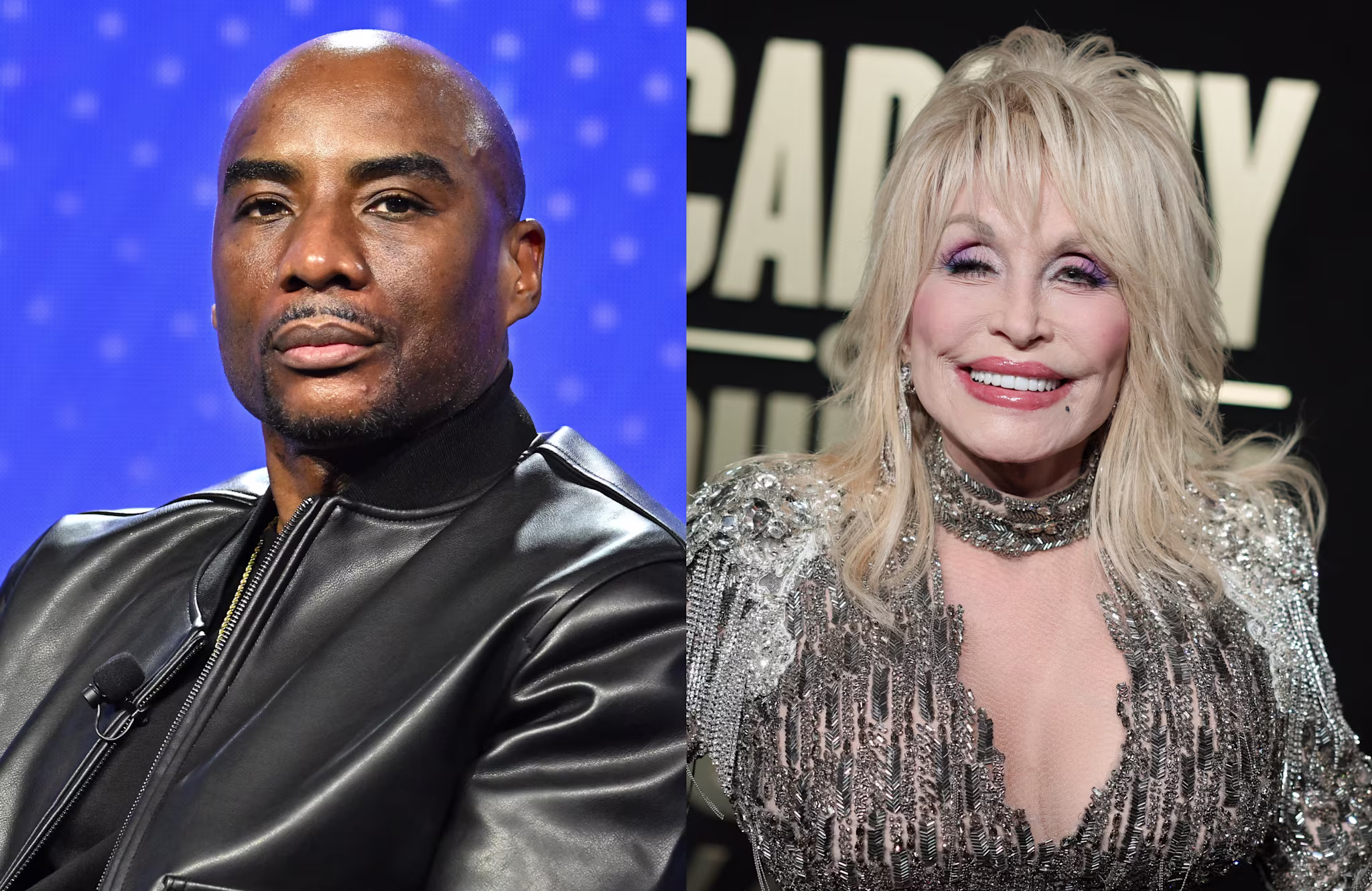 Charlamagne tha God in a black jacket and Dolly Parton in a sparkling dress, both smiling at separate events.