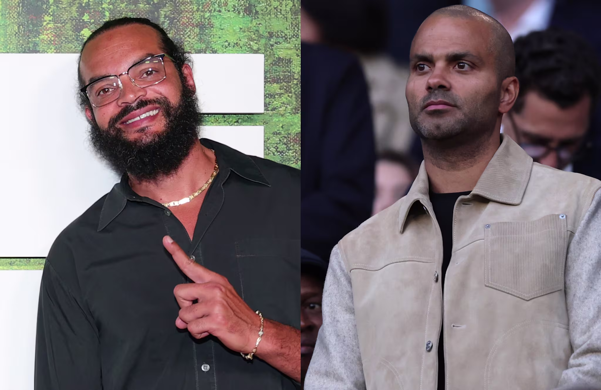 Joakim Noah smiling and pointing, wearing glasses and a black shirt. Tony Parker looking serious, wearing a beige jacket.