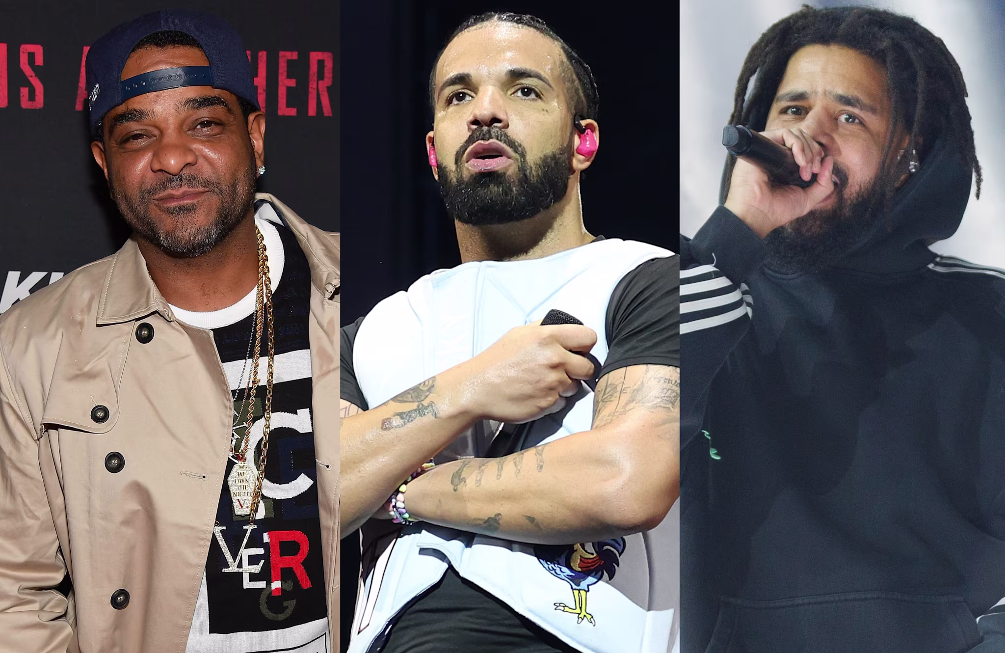 Jim Jones, Drake, and J. Cole are pictured. Jim Jones in a beige jacket, Drake holding a mic, J. Cole performing in a black hoodie.