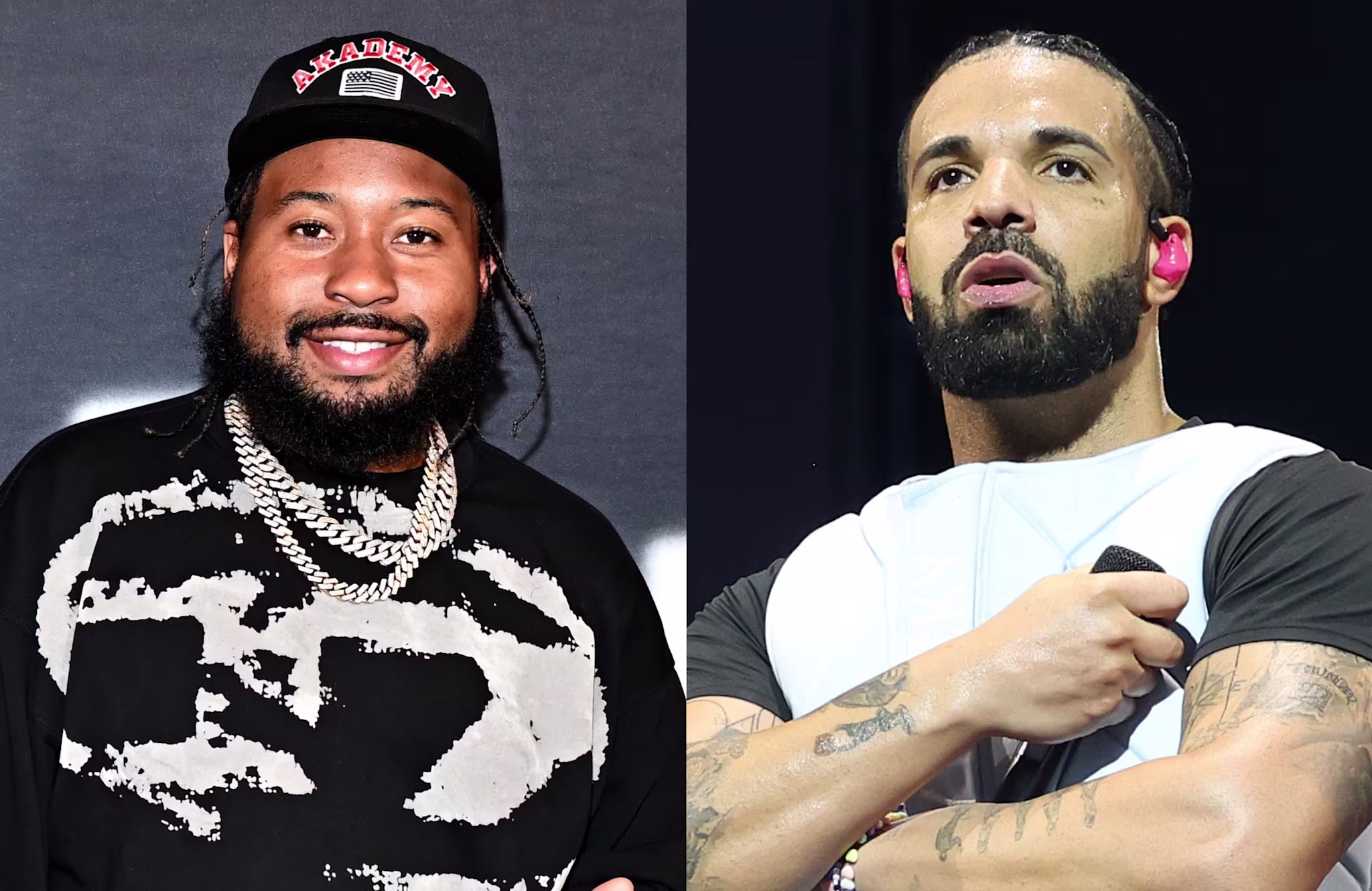DJ Akademiks wearing a black shirt and cap, smiling. Drake holding a microphone, wearing a white vest, looking serious.
