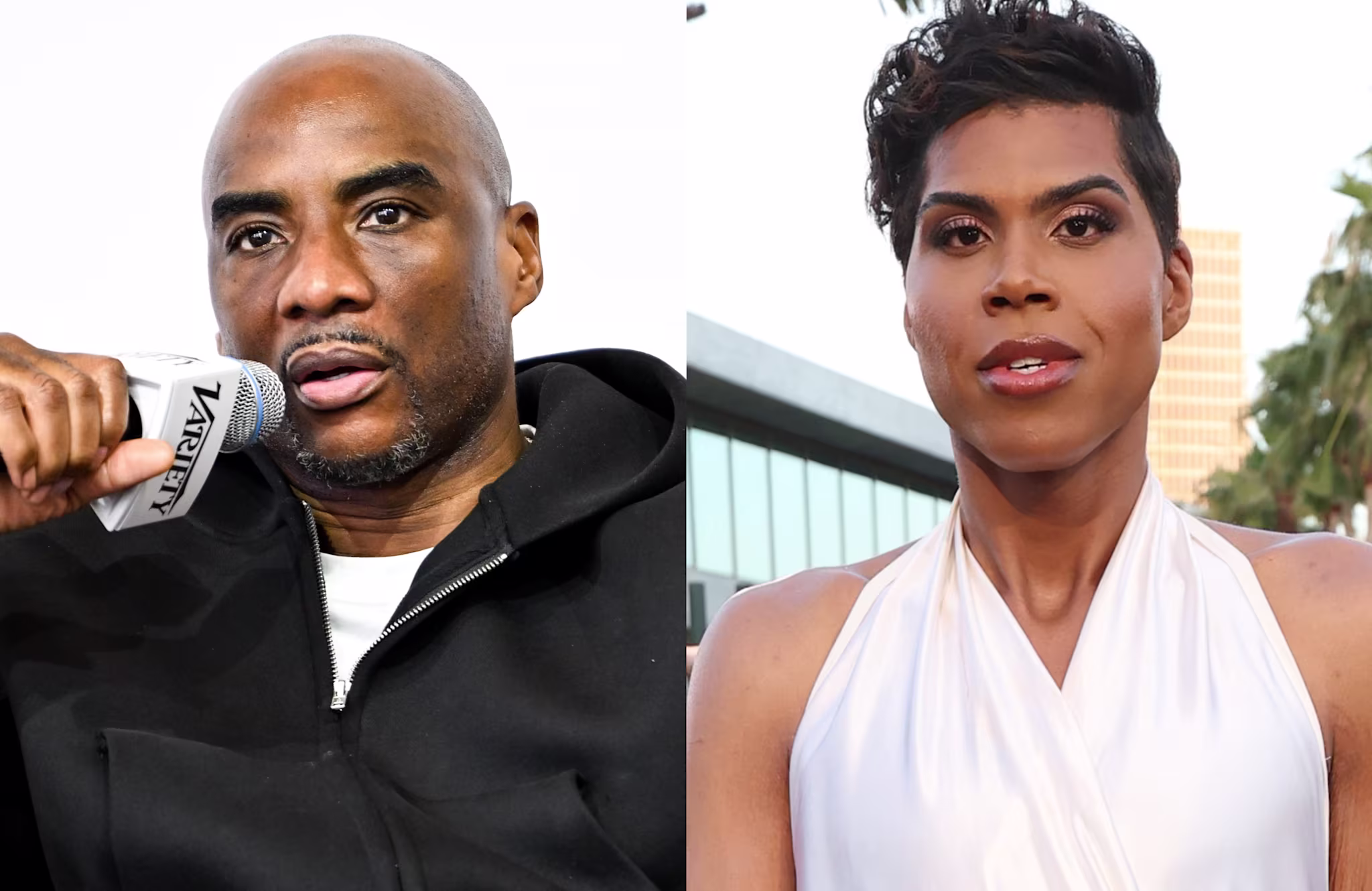 Charlamagne Tha God holding a microphone, wearing a black jacket; EJ Johnson in a white outfit, outdoors.
