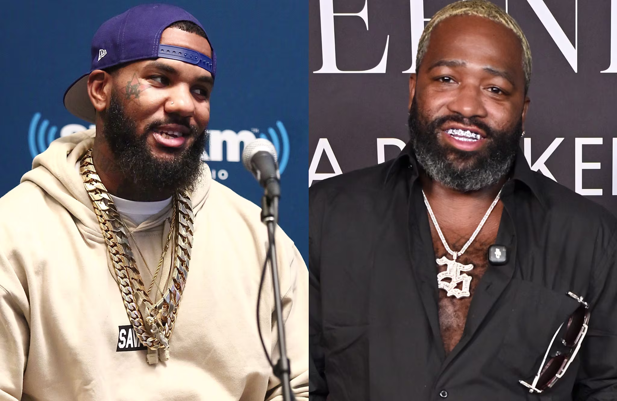 The Game in a cap and hoodie with chains. Adrien Broner with bleached hair, black shirt, and chain necklace.