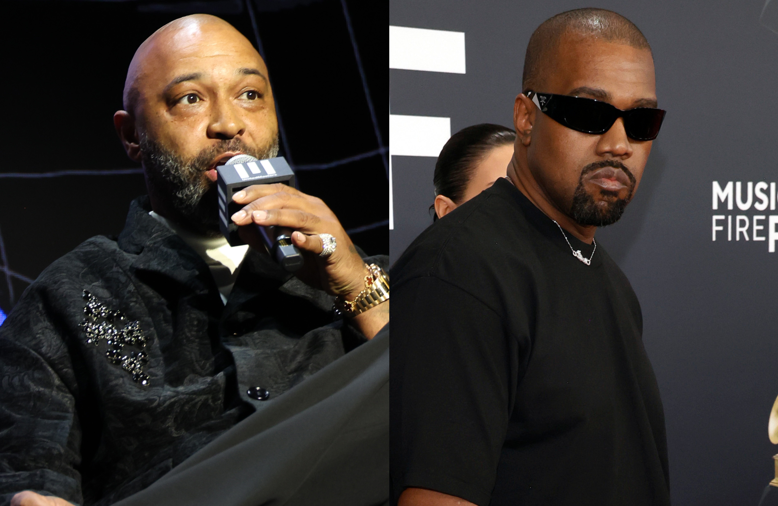 Joe Budden speaking into a microphone and Kanye West wearing sunglasses at an event.