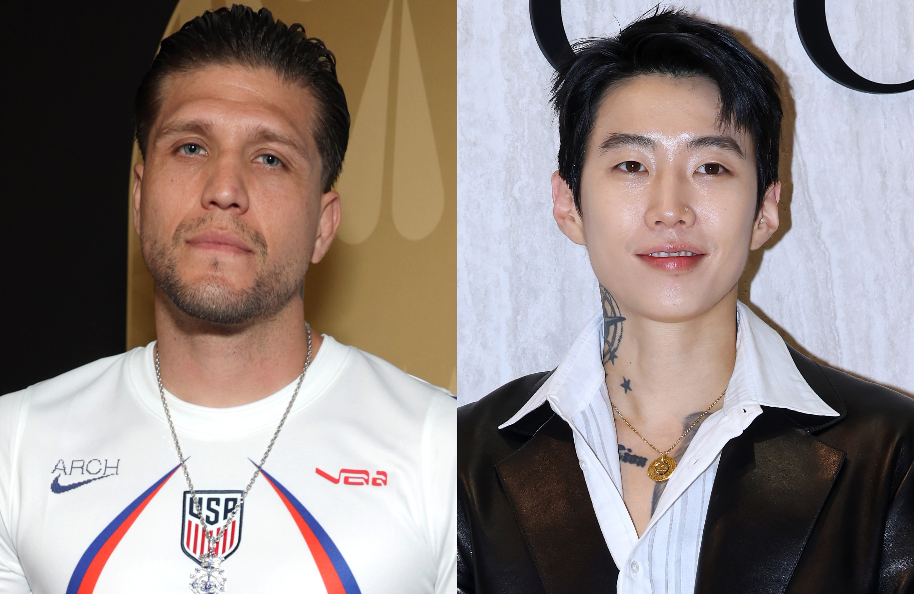 Brian Ortega on the left wears a white sports shirt, and Jay Park on the right wears a black jacket and white shirt.
