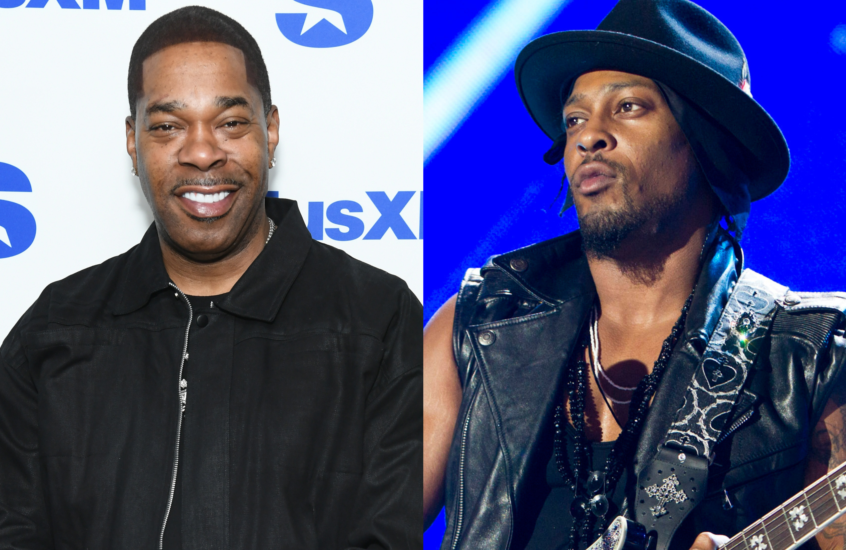 Busta Rhymes on the left, smiling in a black jacket; D'Angelo on the right, playing guitar in a black hat and leather vest.