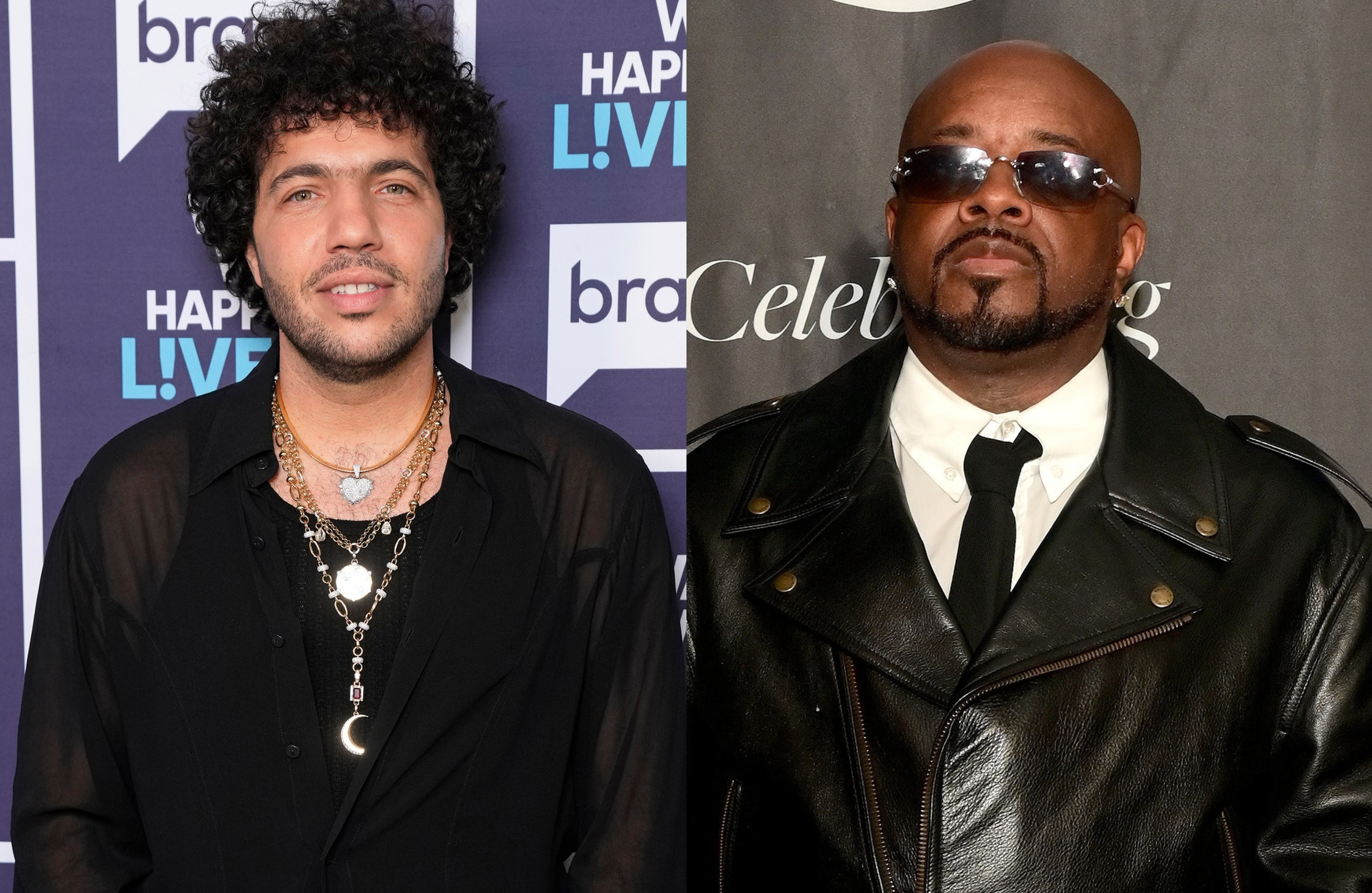 Benny Blanco wearing layered necklaces and Jermaine Dupri in sunglasses and a leather jacket.