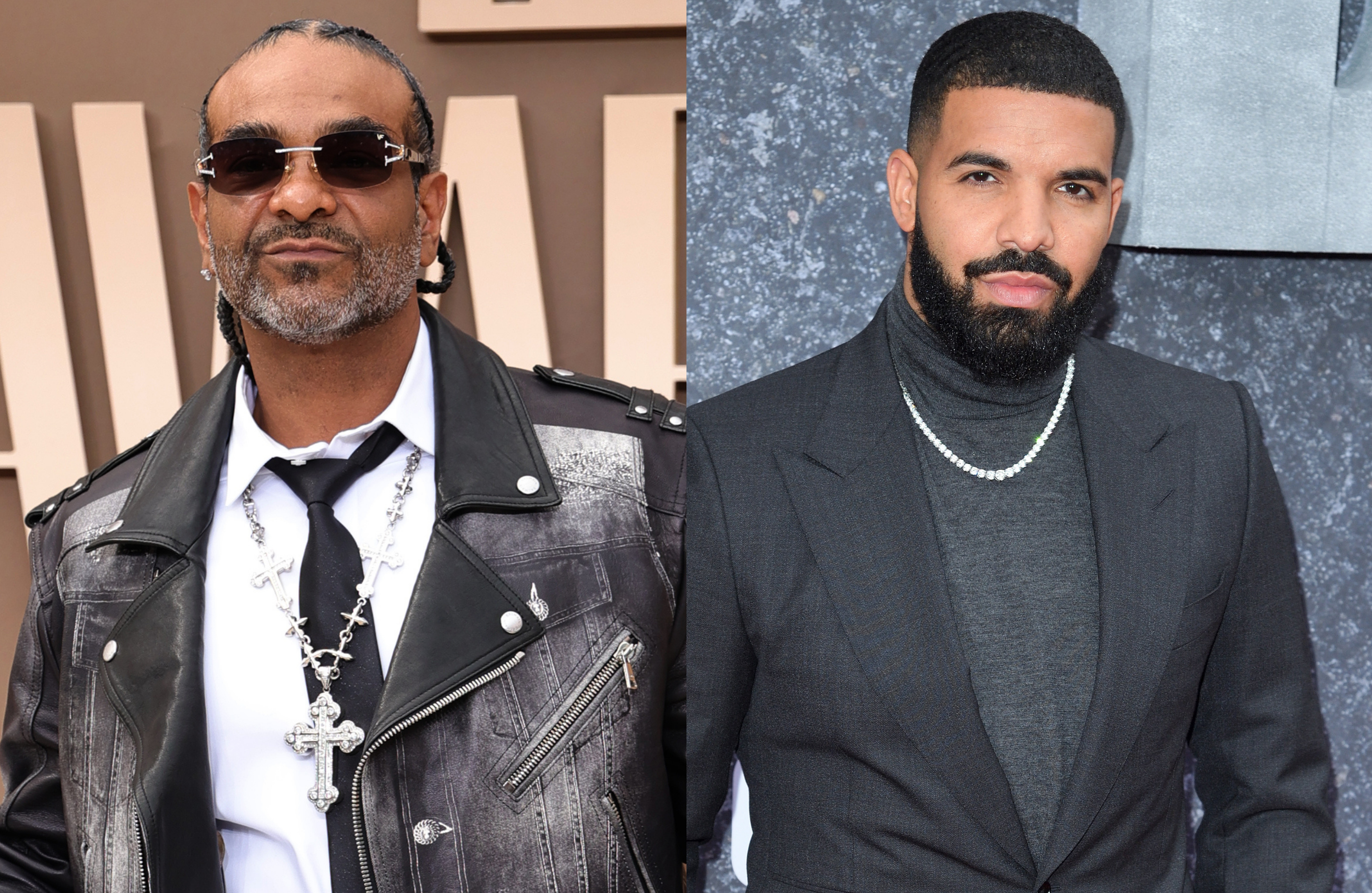 Jim Jones in a leather jacket with sunglasses and Drake in a suit, both posing at separate events.