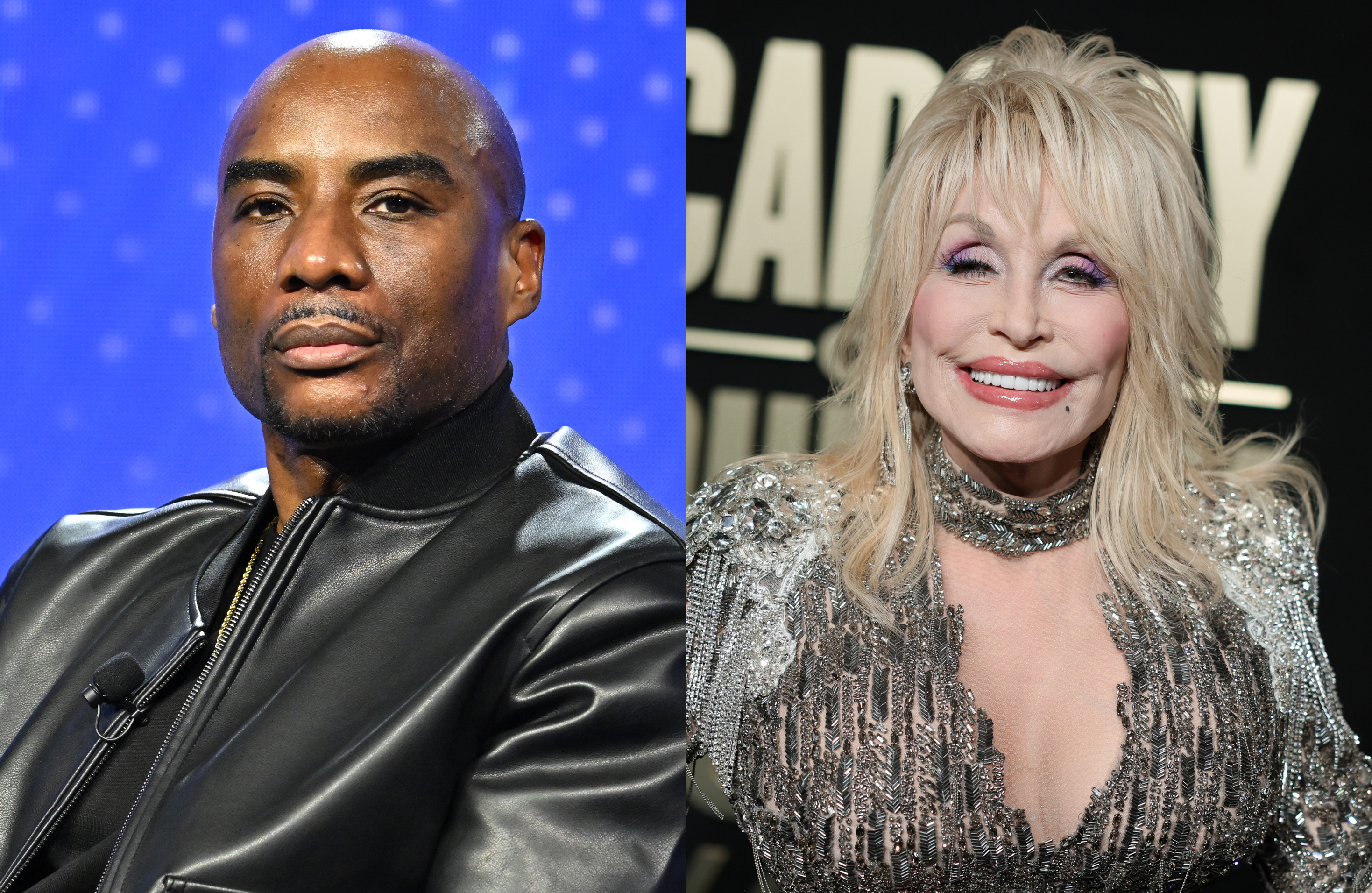 Charlamagne tha God in a black jacket and Dolly Parton in a sparkling dress, both smiling at separate events.