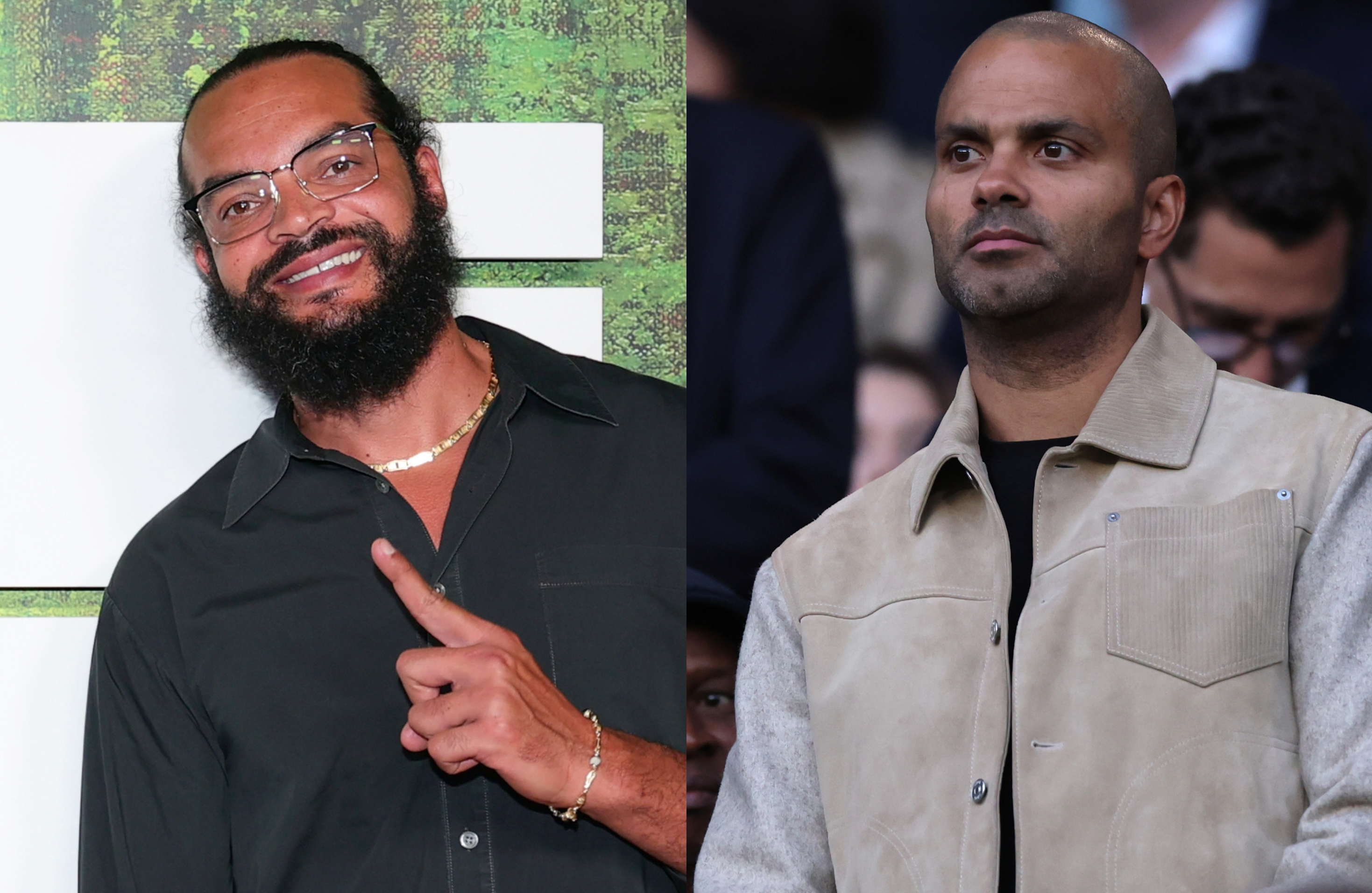 Joakim Noah on the left has a beard and glasses, wearing a dark shirt. Tony Parker on the right is in a beige jacket.