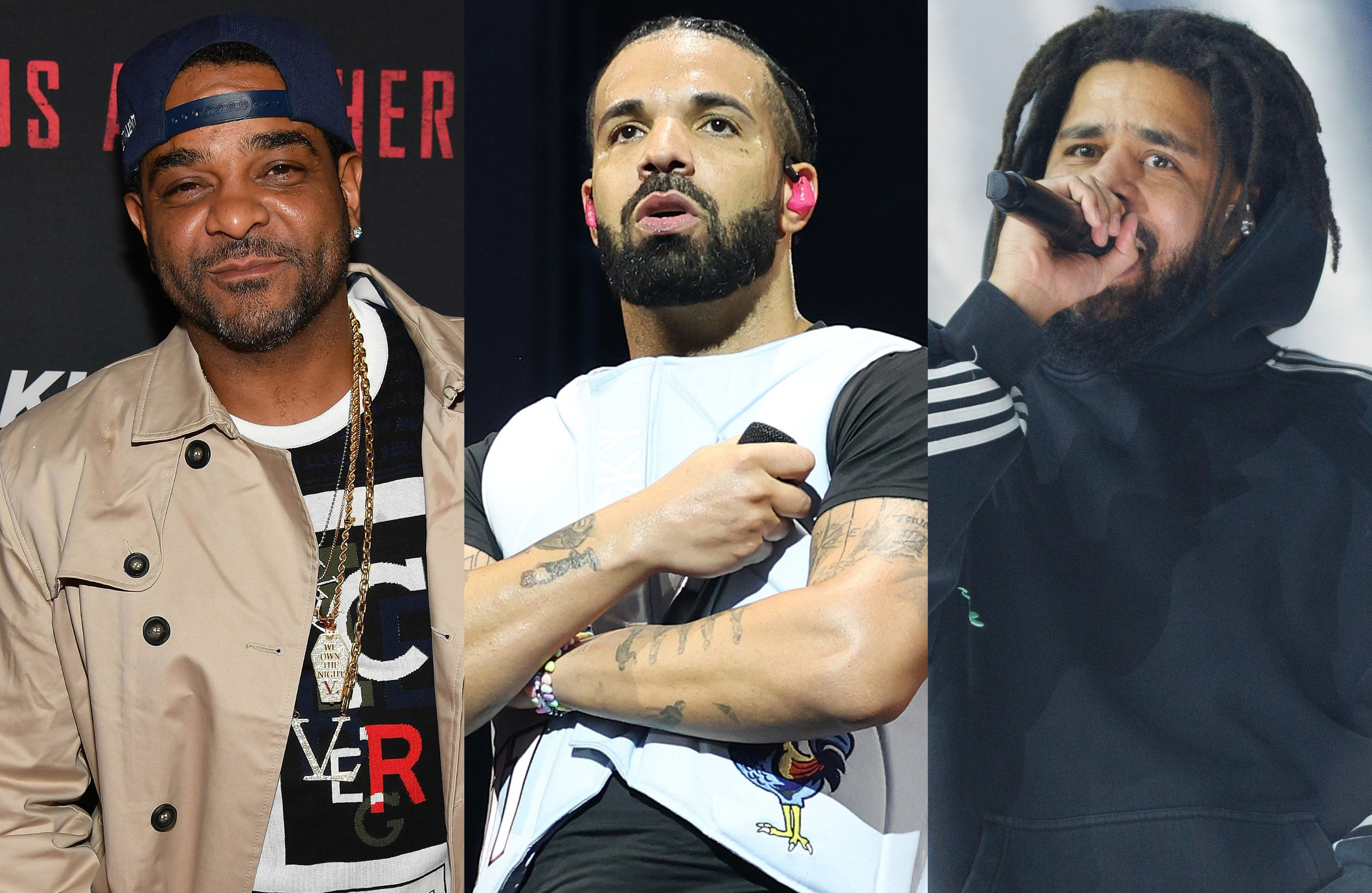 Jim Jones, Drake, and J. Cole are pictured. Jim Jones wears a cap and jacket, Drake performs with a mic, and J. Cole in a hoodie.