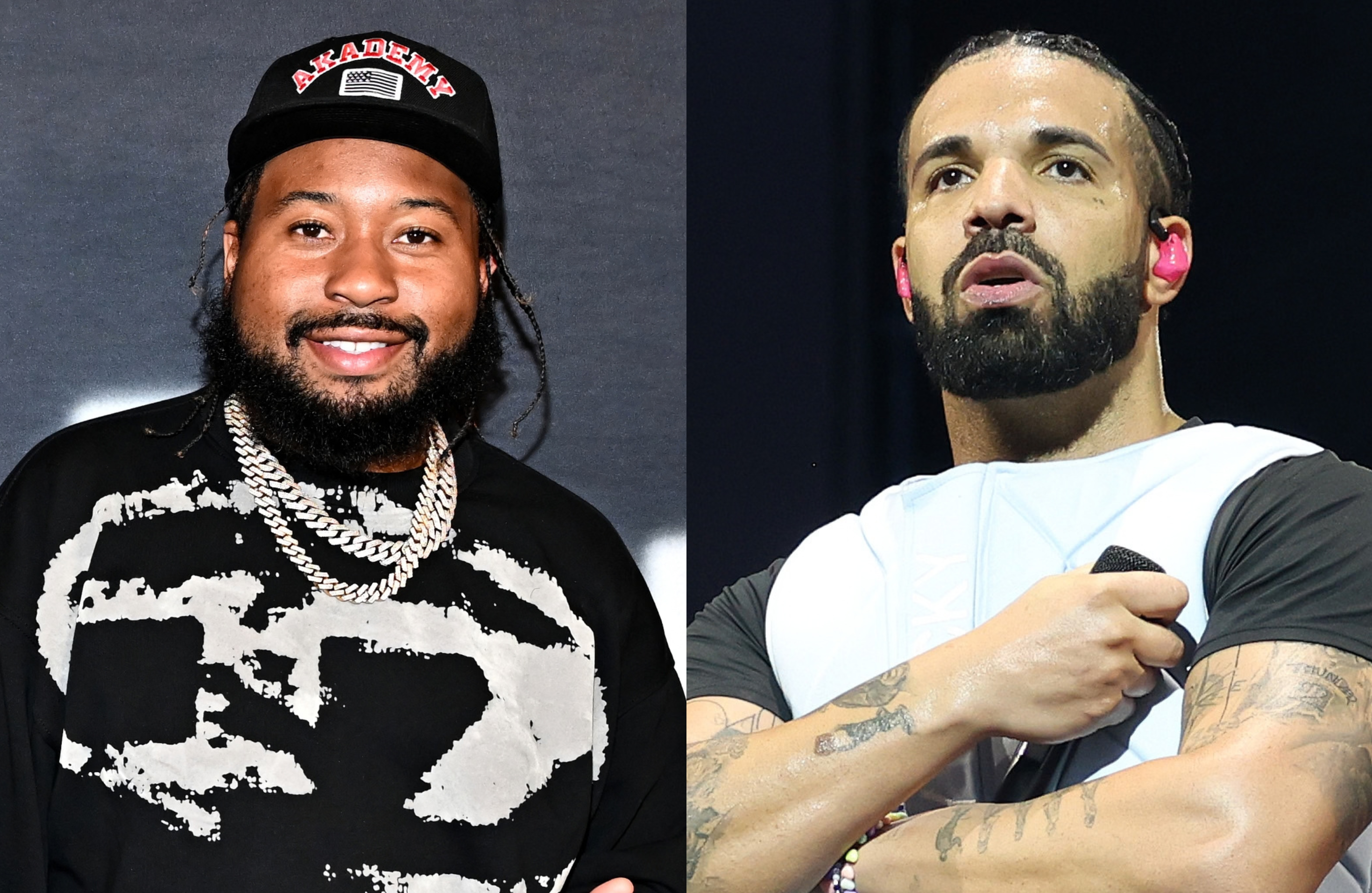 DJ Akademiks wearing a black shirt and cap, smiling. Drake holding a microphone, wearing a white vest, looking serious.