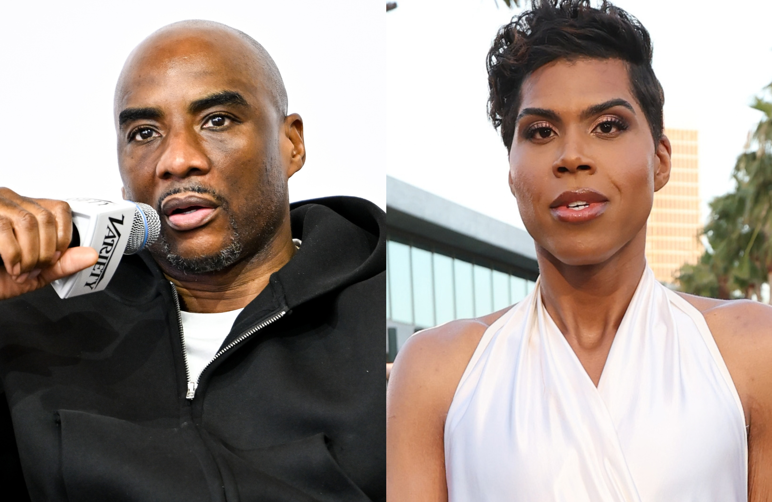 Charlamagne Tha God holding a microphone, wearing a black jacket; EJ Johnson in a white outfit, outdoors.