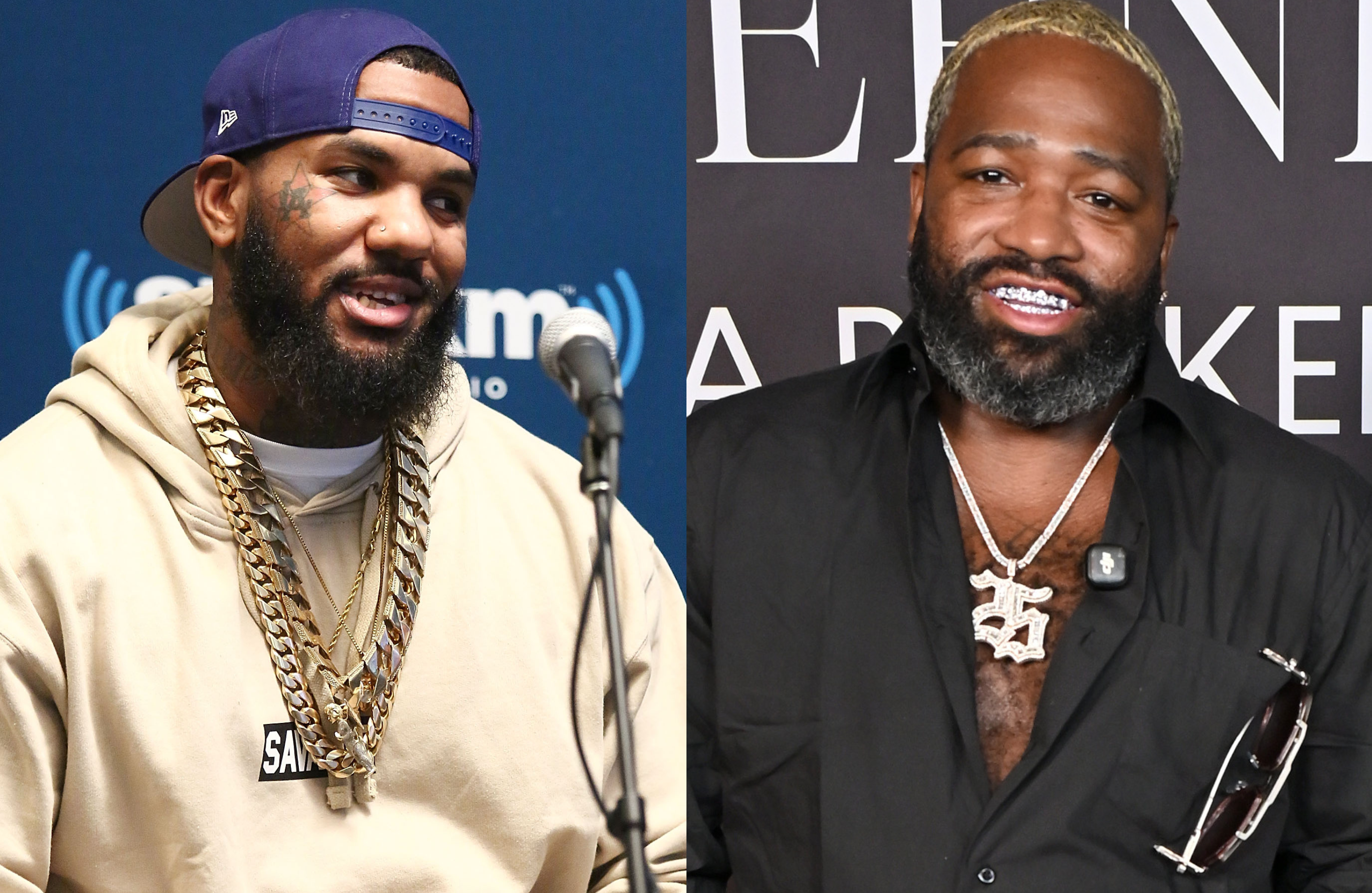 The Game in a cap and hoodie with chains. Adrien Broner with bleached hair, black shirt, and chain necklace.
