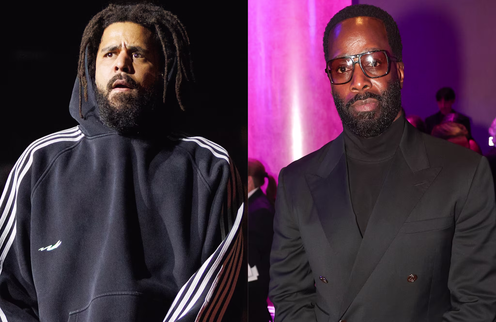 J. Cole in a dark hoodie on the left, and Mark Pitts in a black suit and glasses on the right.