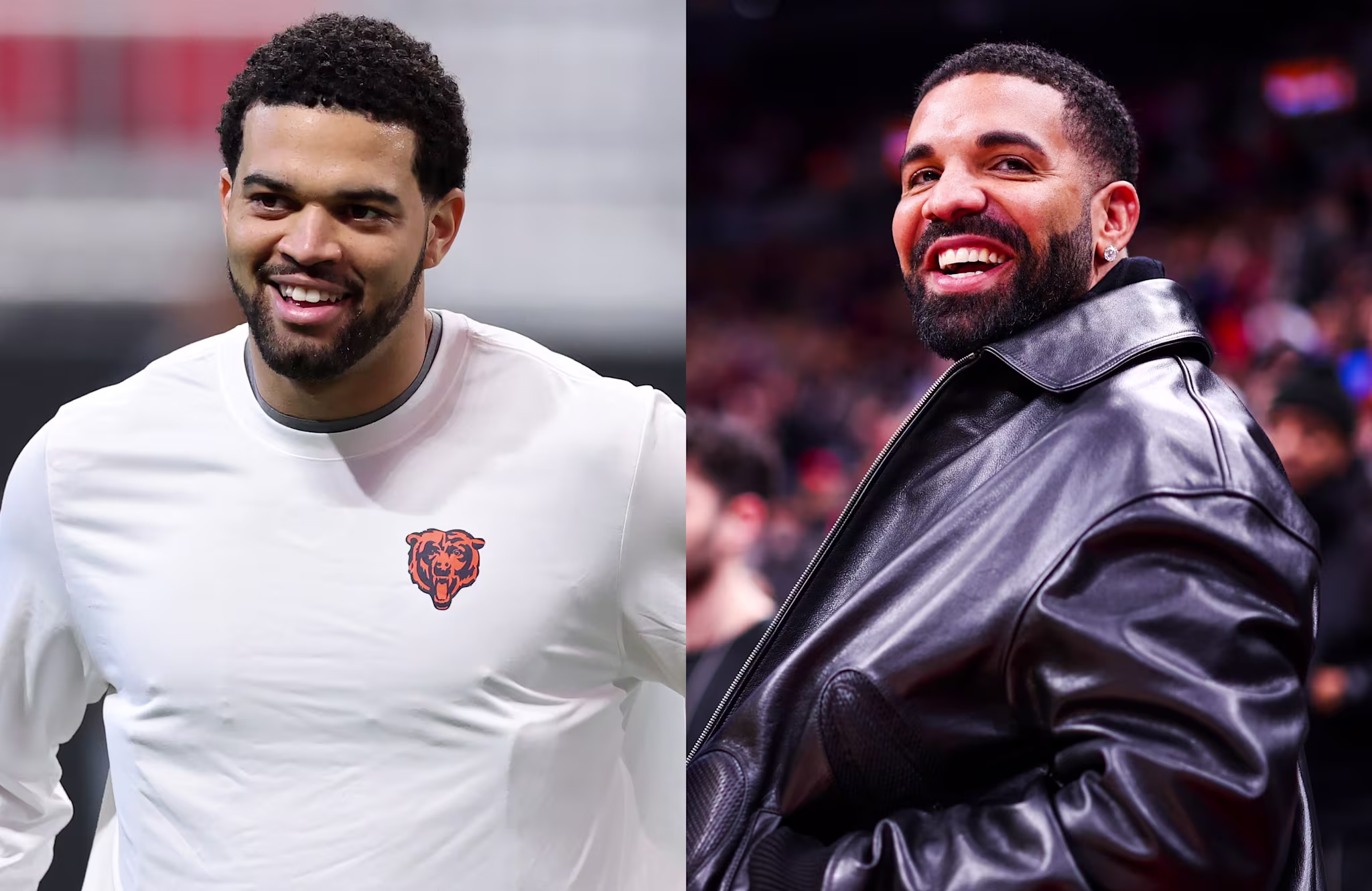 Caleb Williams in a Chicago Bears shirt, smiling; the other, Drake, wearing a leather jacket, also smiling.