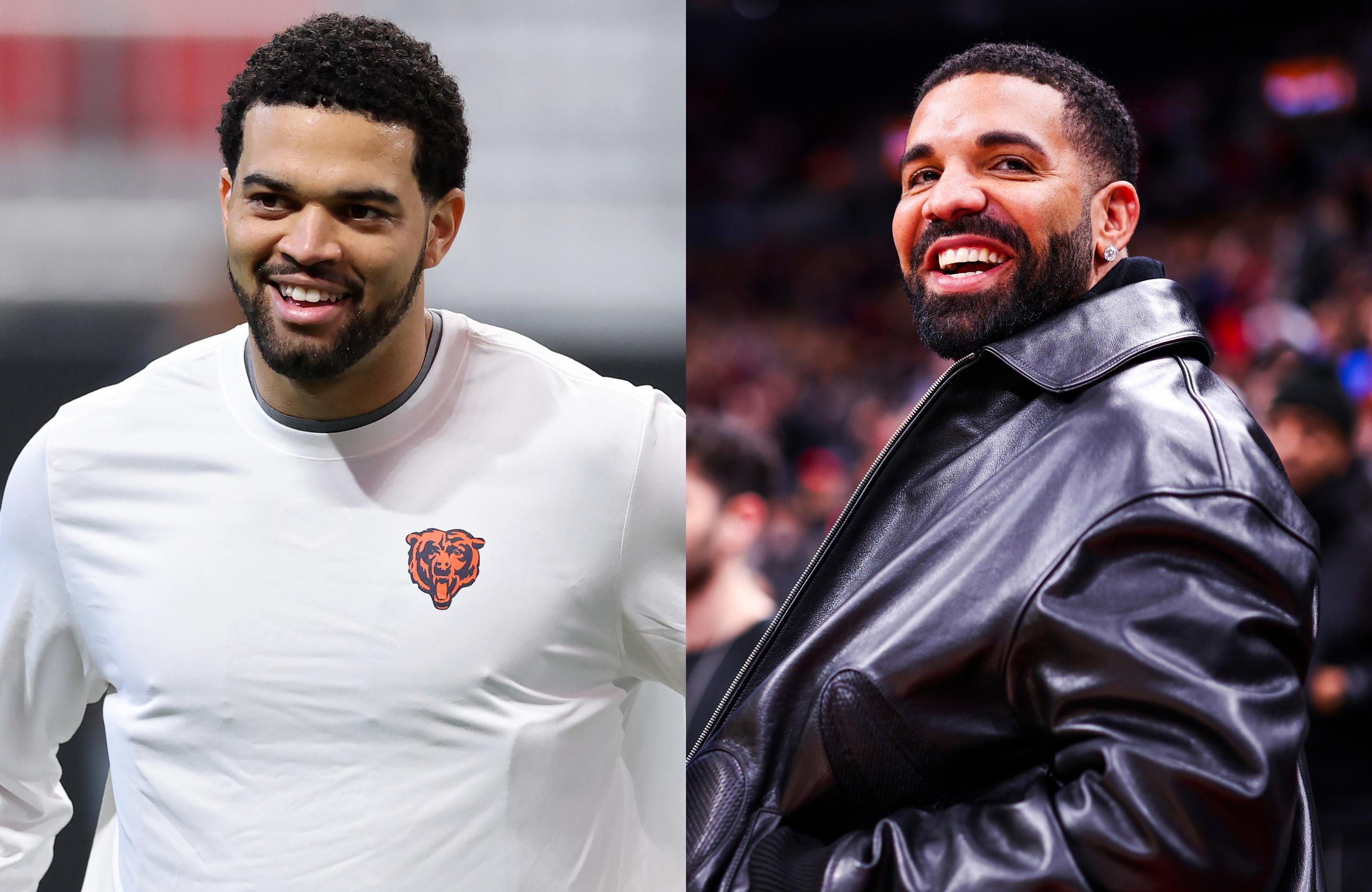 Caleb Williams in a Chicago Bears shirt smiles, next to Drake in a black leather jacket, also smiling.