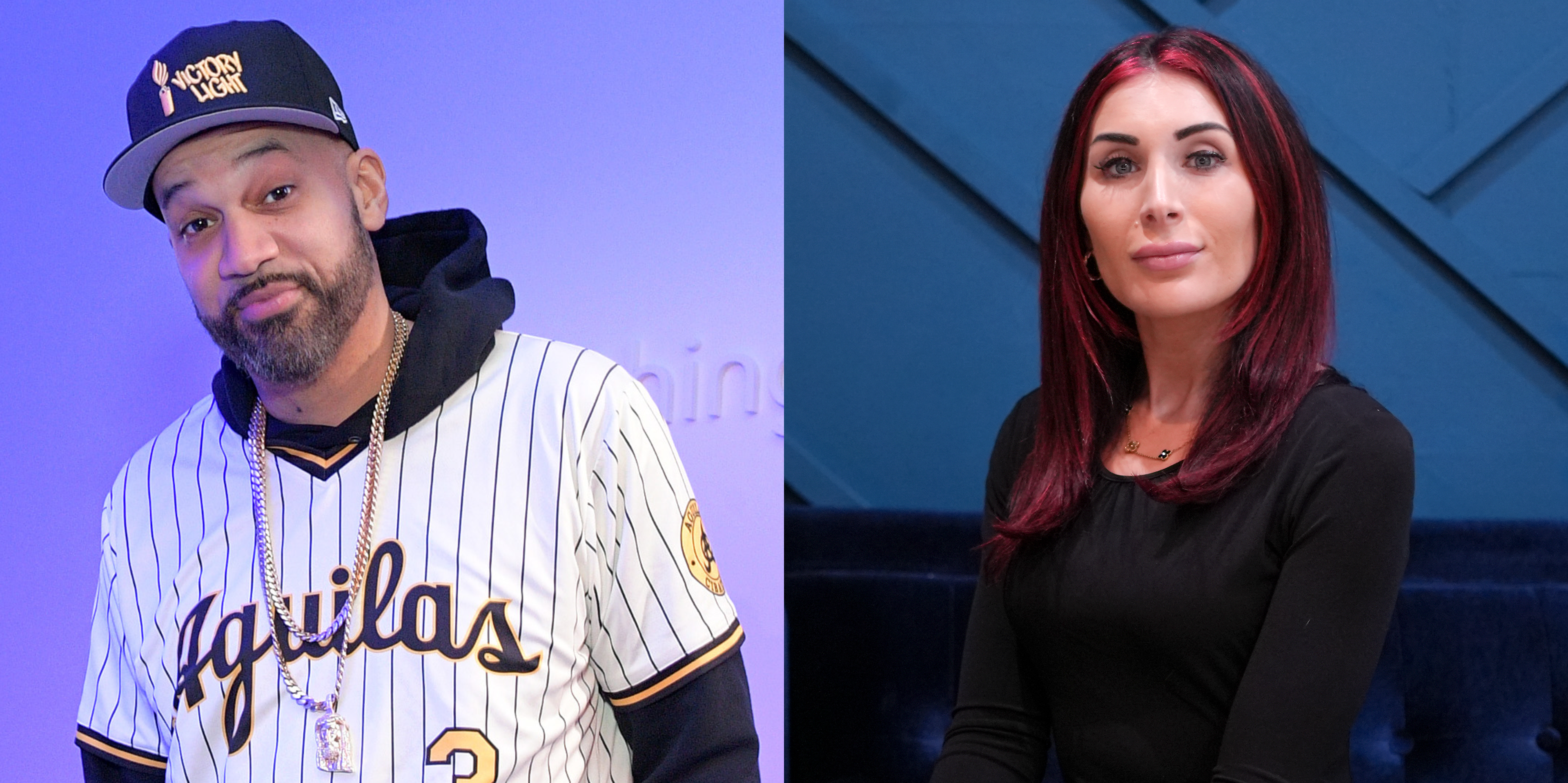 Split image. Left: The Kid Mero in a baseball jersey and cap. Right: Right-wing activist Laura Loomer with long red hair and a black top against a blue background.