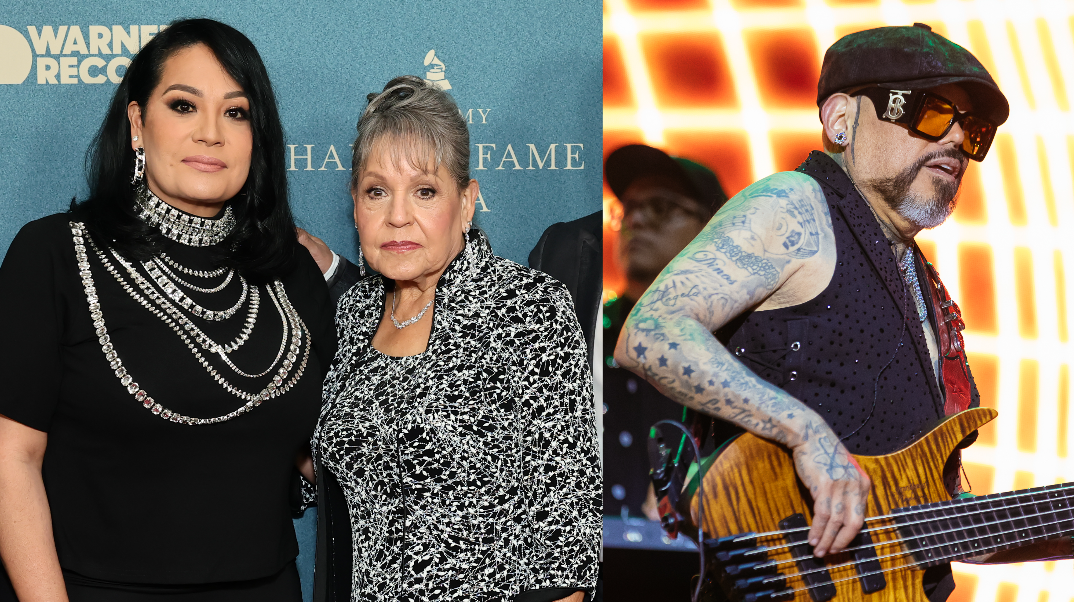 Suzette and Marcella Quintanilla pose together on the left; A.B. Quintanilla with tattoos plays guitar on the right.