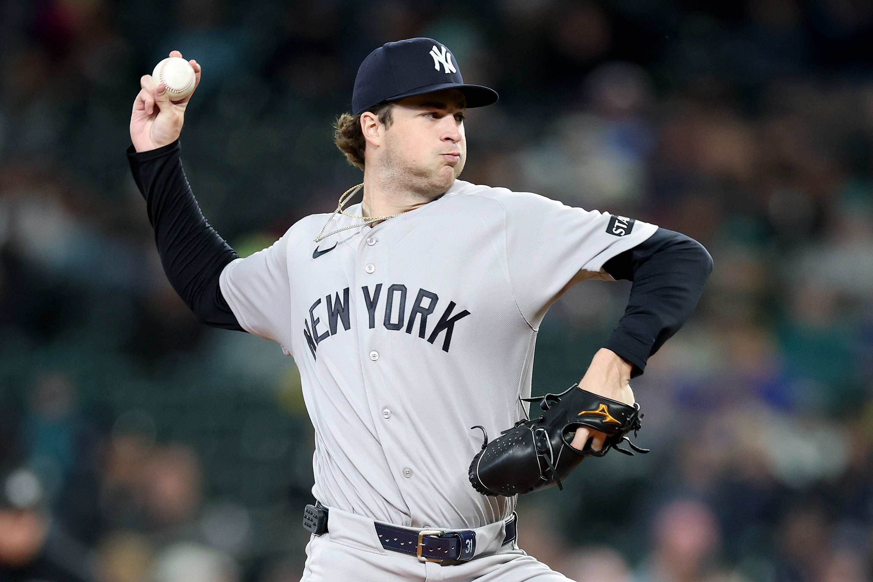 Cam Schlittler pitches during a New York Yankees - Seattle Mariners game in April 2026. 