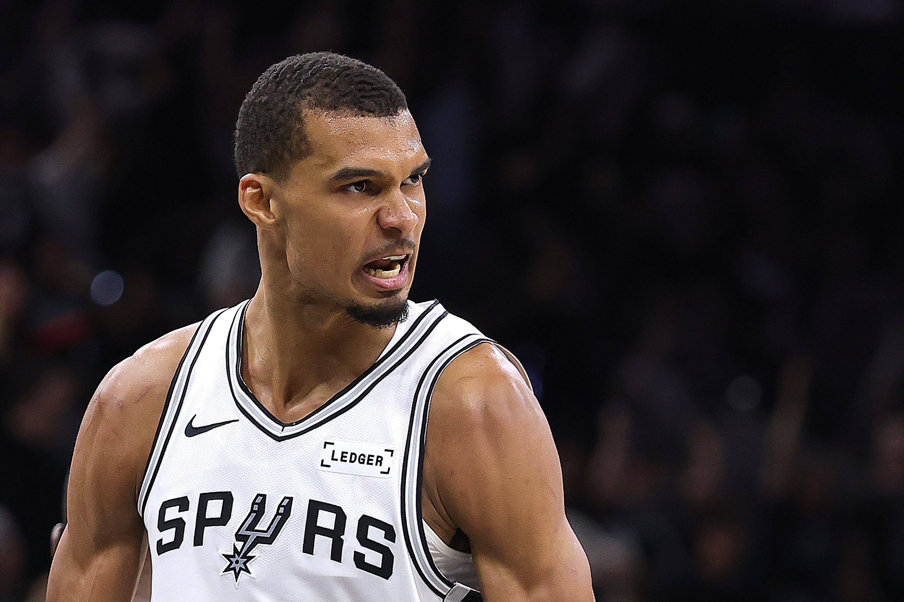Victor Wembanyama scowls during a San Antonio Spurs-Oklahoma City Thunder game in the 2026 Western Conference Finals. 
