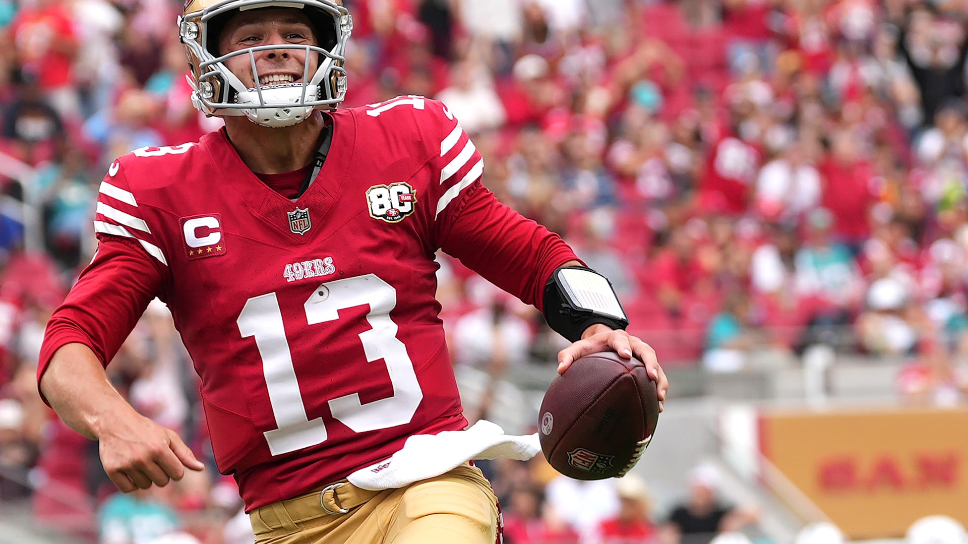 Brock Purdy celebrates after scoring during the San Francisco 49ers win over the Miami Dolphins. 
