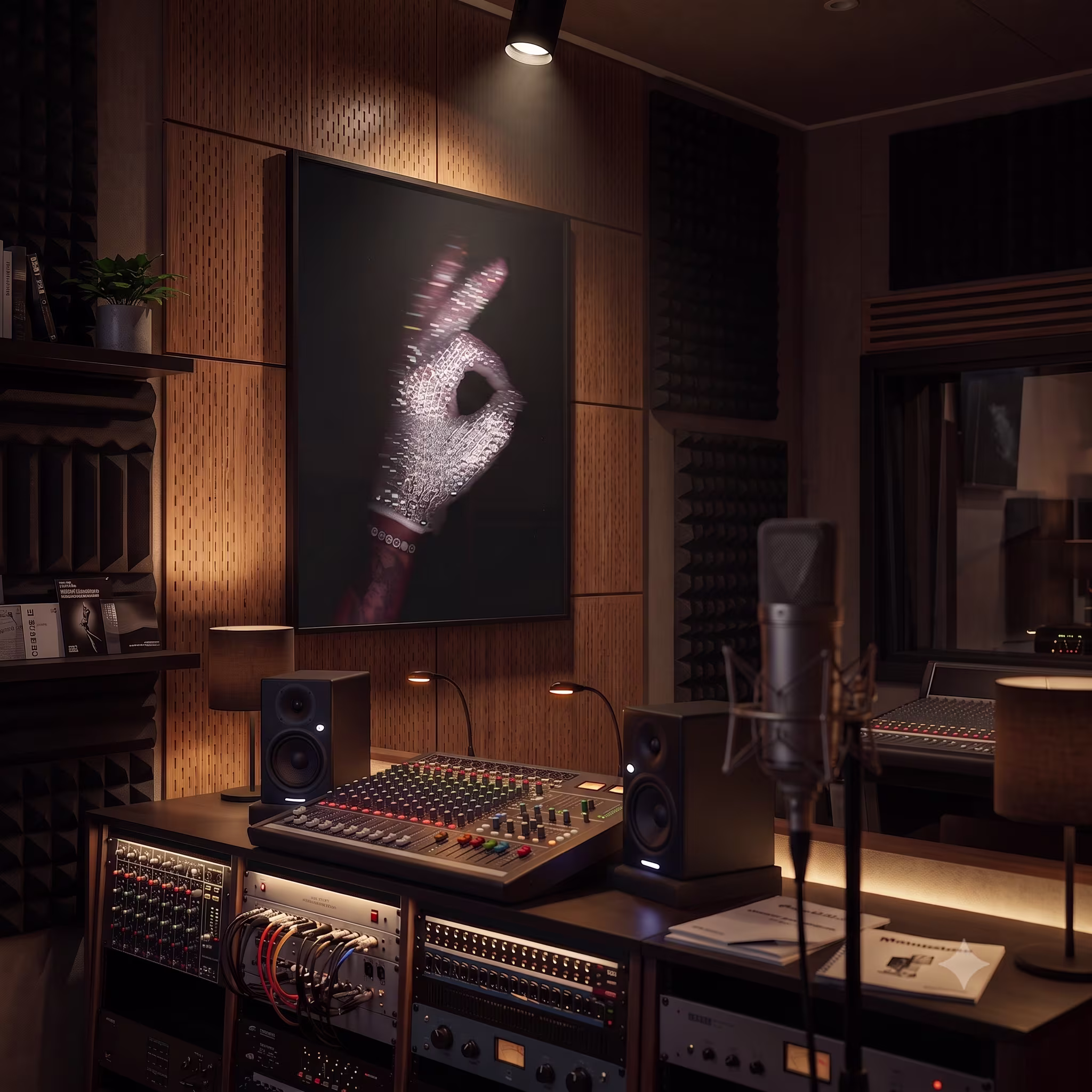 A recording studio with sound equipment, a microphone, and a framed image of a hand in a glove making an "OK" sign on the wall.
