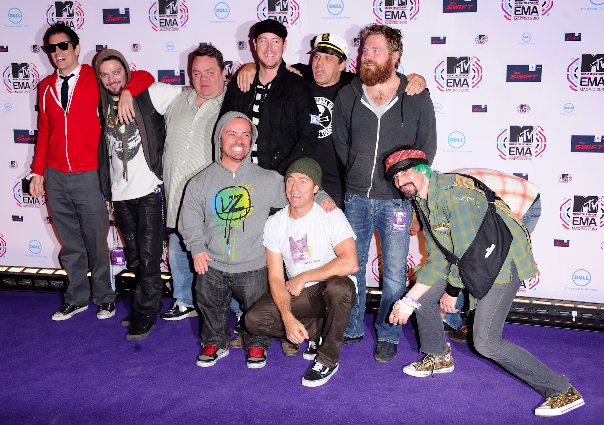 Johnny Knoxville (L) and cast and crew of Jackass attend the MTV Europe Awards 2010 at the La Caja Magica on November 7, 2010 in Madrid, Spain.