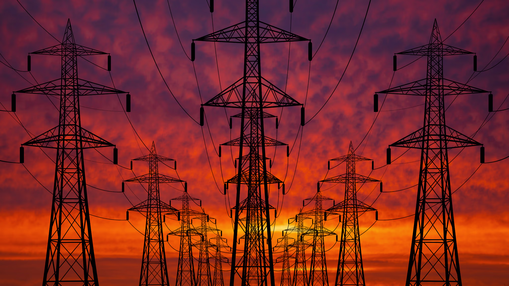 High voltage towers at sunset background. Power lines against the sky.