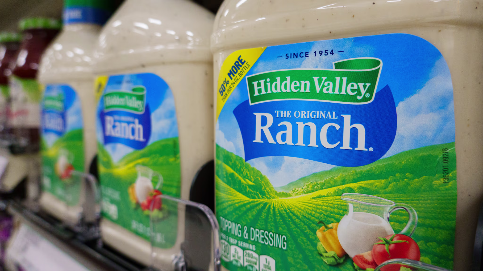  Bottles of Hidden Valley Ranch for sale are displayed in a store on July 22, 2026 in Washington, DC.