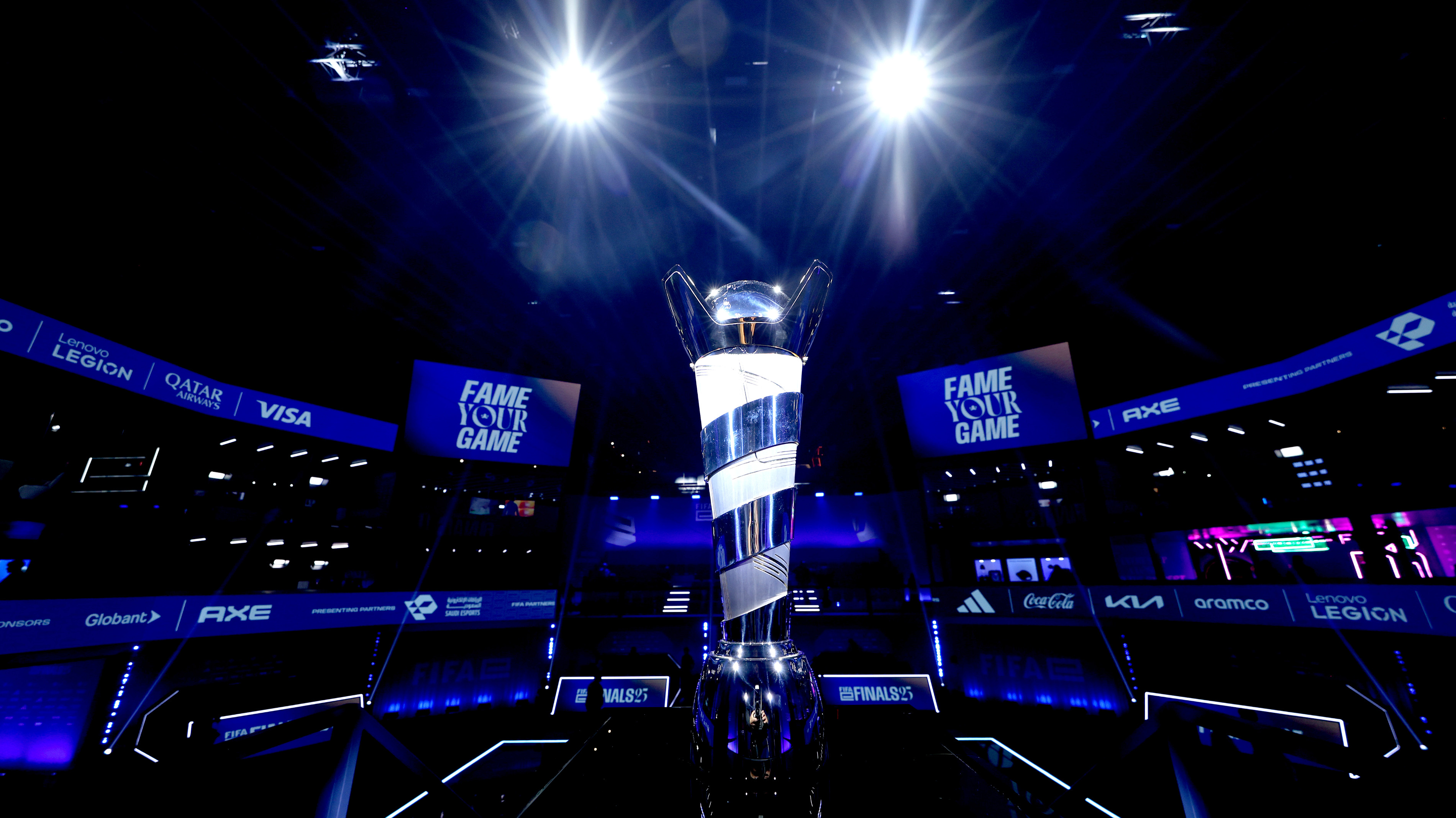 The FIFAe World Cup Rocket League trophy is displayed during FIFAe World Cup featuring Rocket League: Day 2 on December 16, 2025 in Riyadh, Saudi Arabia.