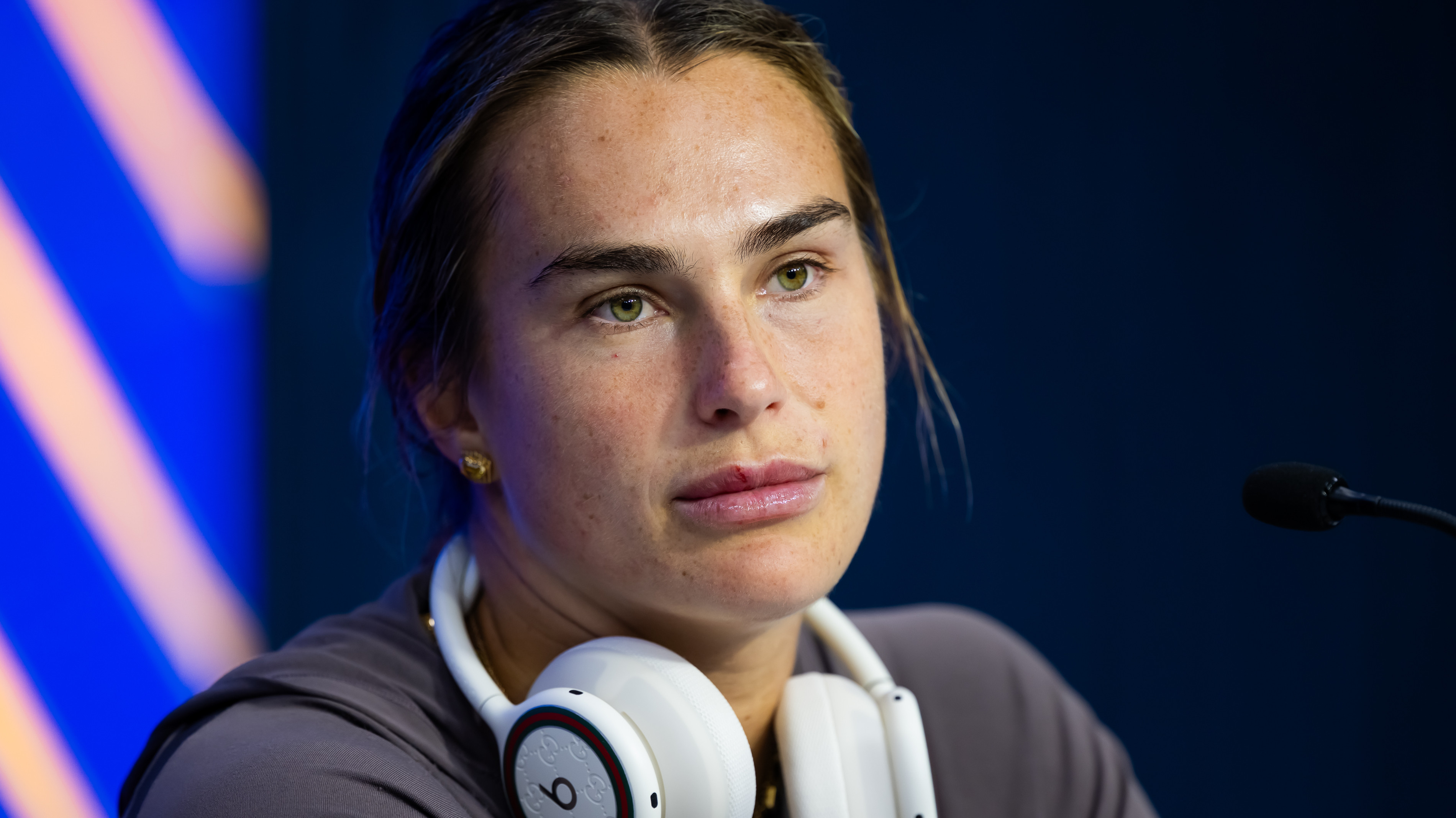 Aryna Sabalenka talks to the media after defeating Polina Iatcenko in the second round on Day 4 of the US Open at USTA Billie Jean King National Tennis Center on September 02, 2026 in New York City.