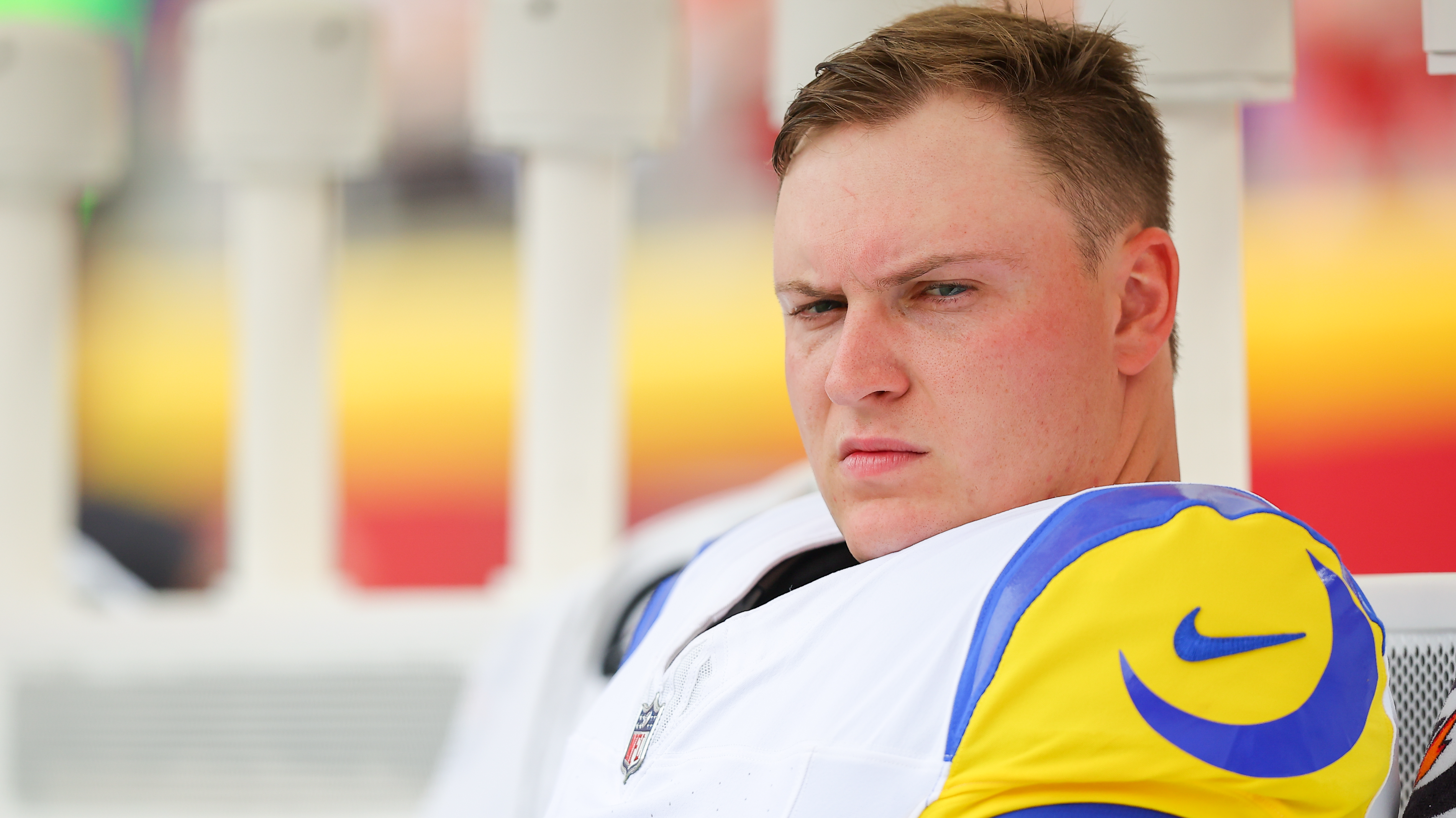  Place kicker Harrison Mevis #92 of the Los Angeles Rams sits on the team bench during pregame warmups prior to an NFL preseason game between the Kansas City Chiefs and the Los Angeles Rams at Arrowhead Stadium on August 15, 2026 in Kansas City, Missouri. 