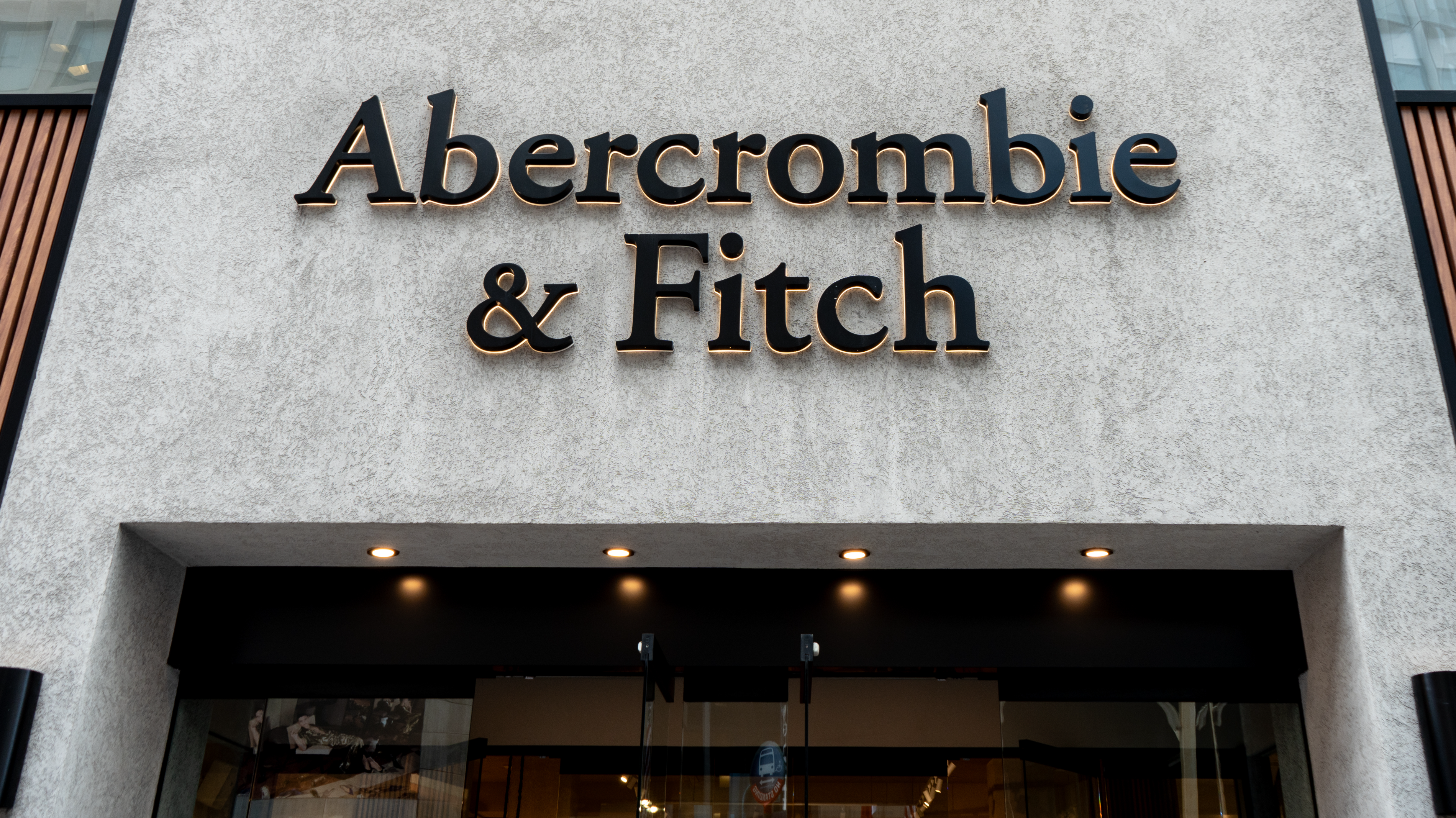 Abercrombie & Fitch logo sign is seen in New York City, United States, on August 6, 2026. The signage displays the branding of Abercrombie and Fitch, an American clothing retailer known for casual apparel and accessories.
