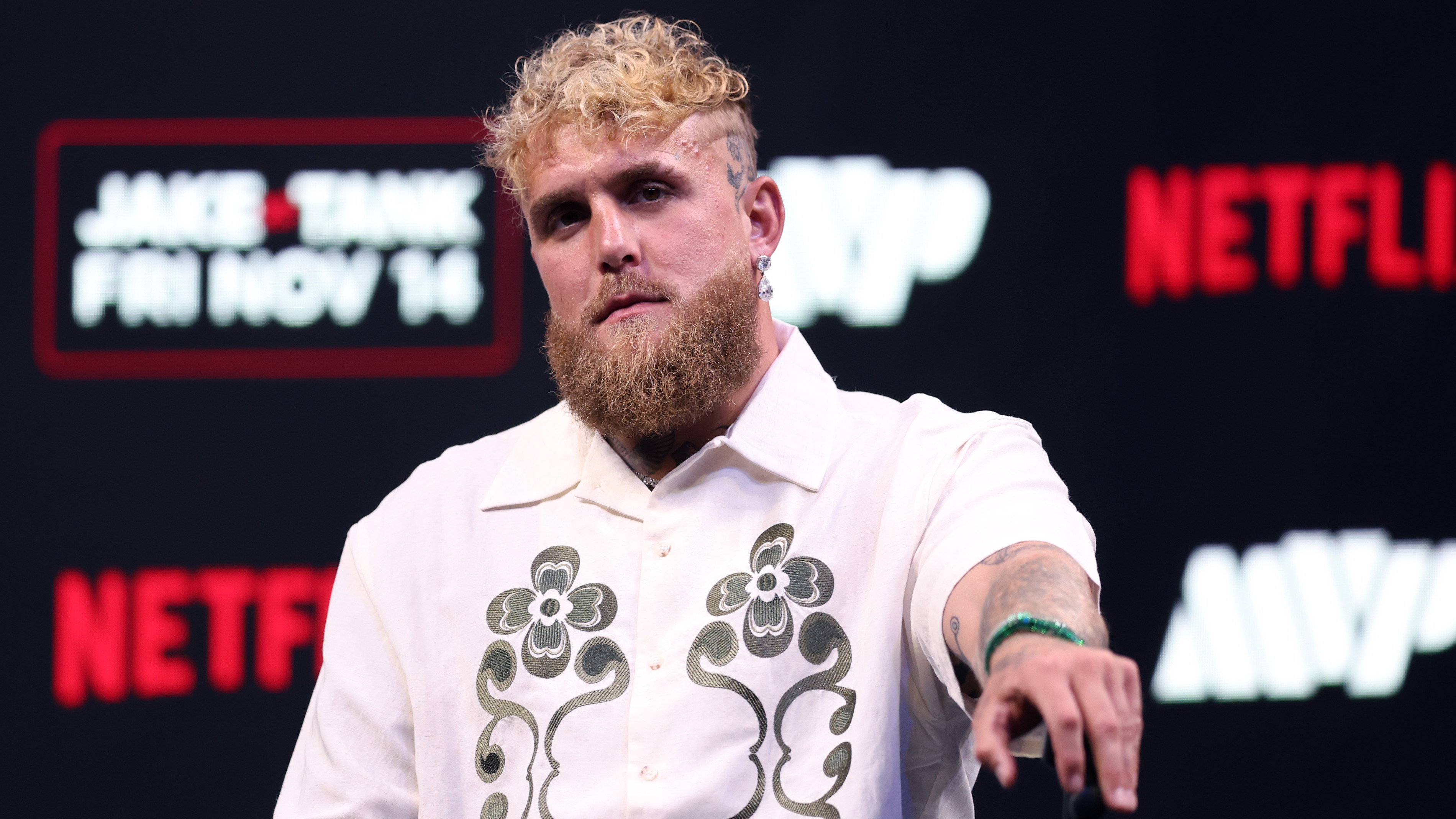 Jake Paul looks on during a press conference at Kaseya Center on September 23, 2025 in Miami, Florida. 