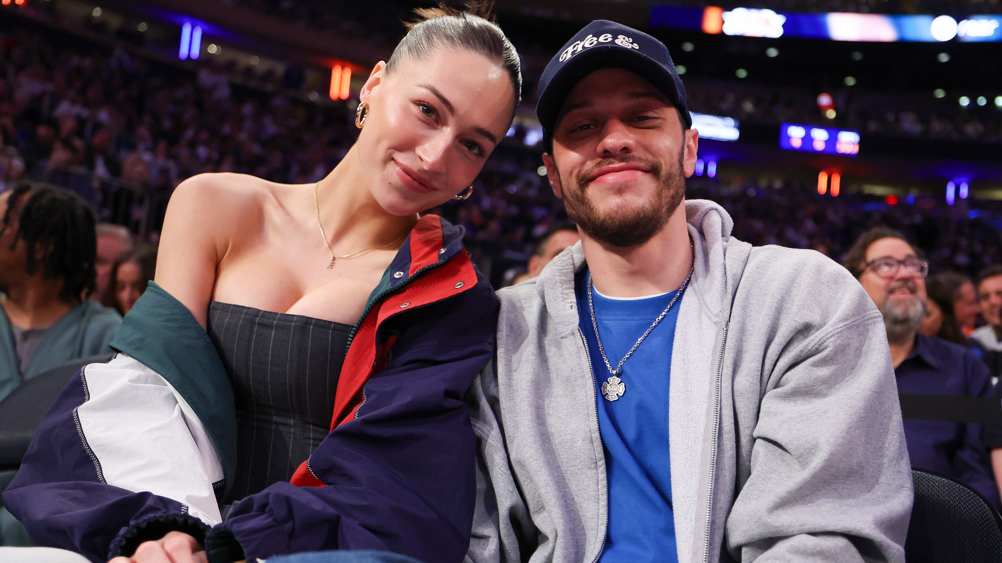 Elsie Hewitt and Pete Davidson are seen as the Boston Celtics take on the New York Knicks in the first quarter of Game Six of the Eastern Conference Second Round NBA Playoffs at Madison Square Garden on May 16, 2025 in New York City.