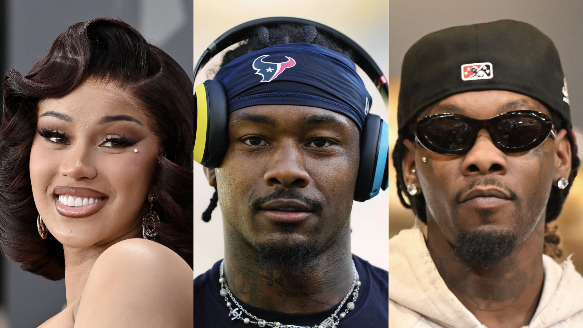 (Left) Cardi B attends the 67th GRAMMY Awards at Crypto.com Arena on February 02, 2025 in Los Angeles, California. (Center) Stefon Diggs #1 of the Houston Texans warms up prior to a game against the Green Bay Packers at Lambeau Field on October 20, 2024 in Green Bay, Wisconsin. (Right) Rapper Offset attends Nouveau Bar & Grill Winter Wonderland Experience Holiday Toy Drive With Offset at Gateway Center Arena on December 16, 2024 in College Park, Georgia.
