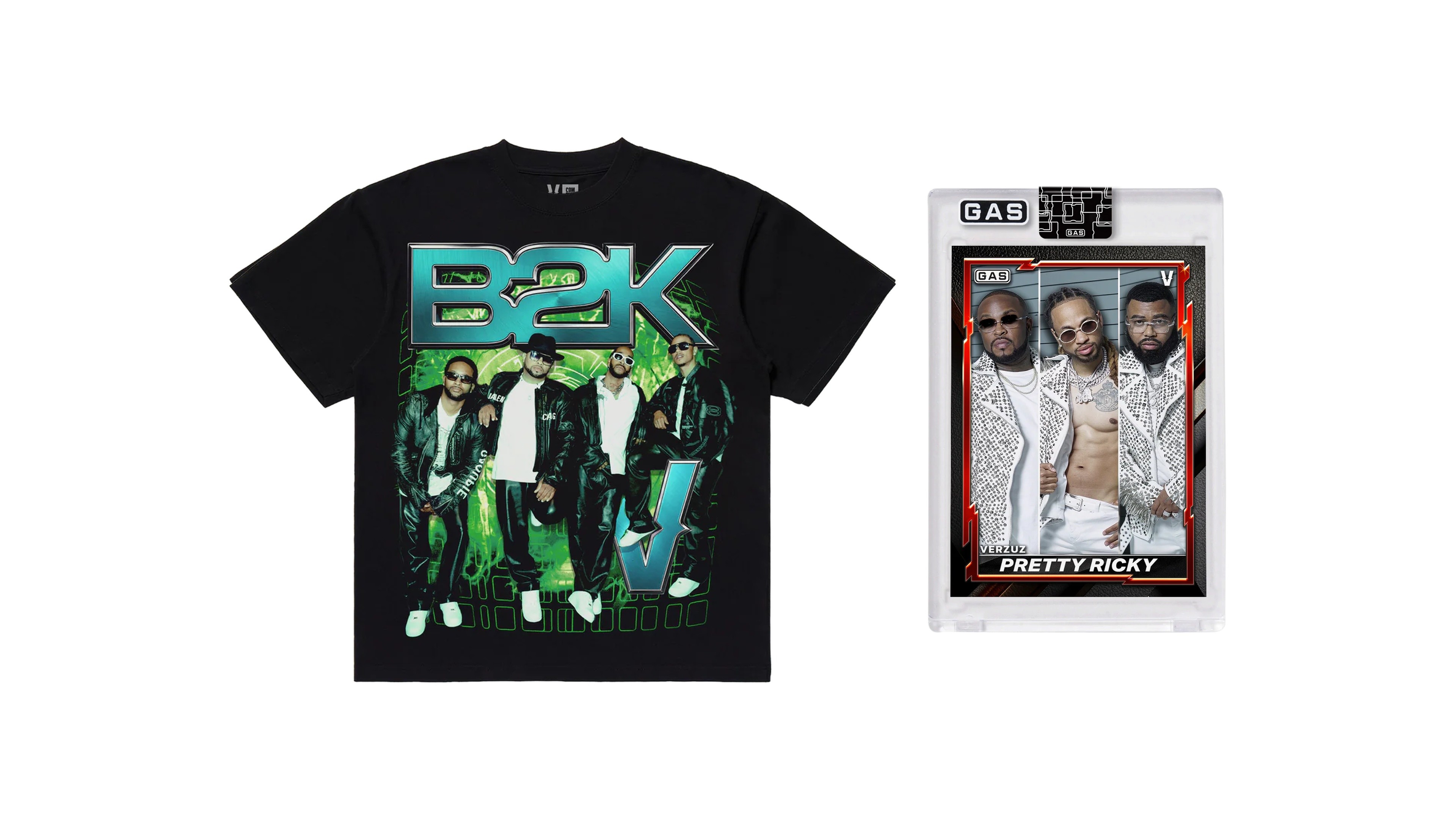 A black T-shirt featuring B2K and a Pretty Ricky trading card with three members in stylish outfits and sunglasses.
