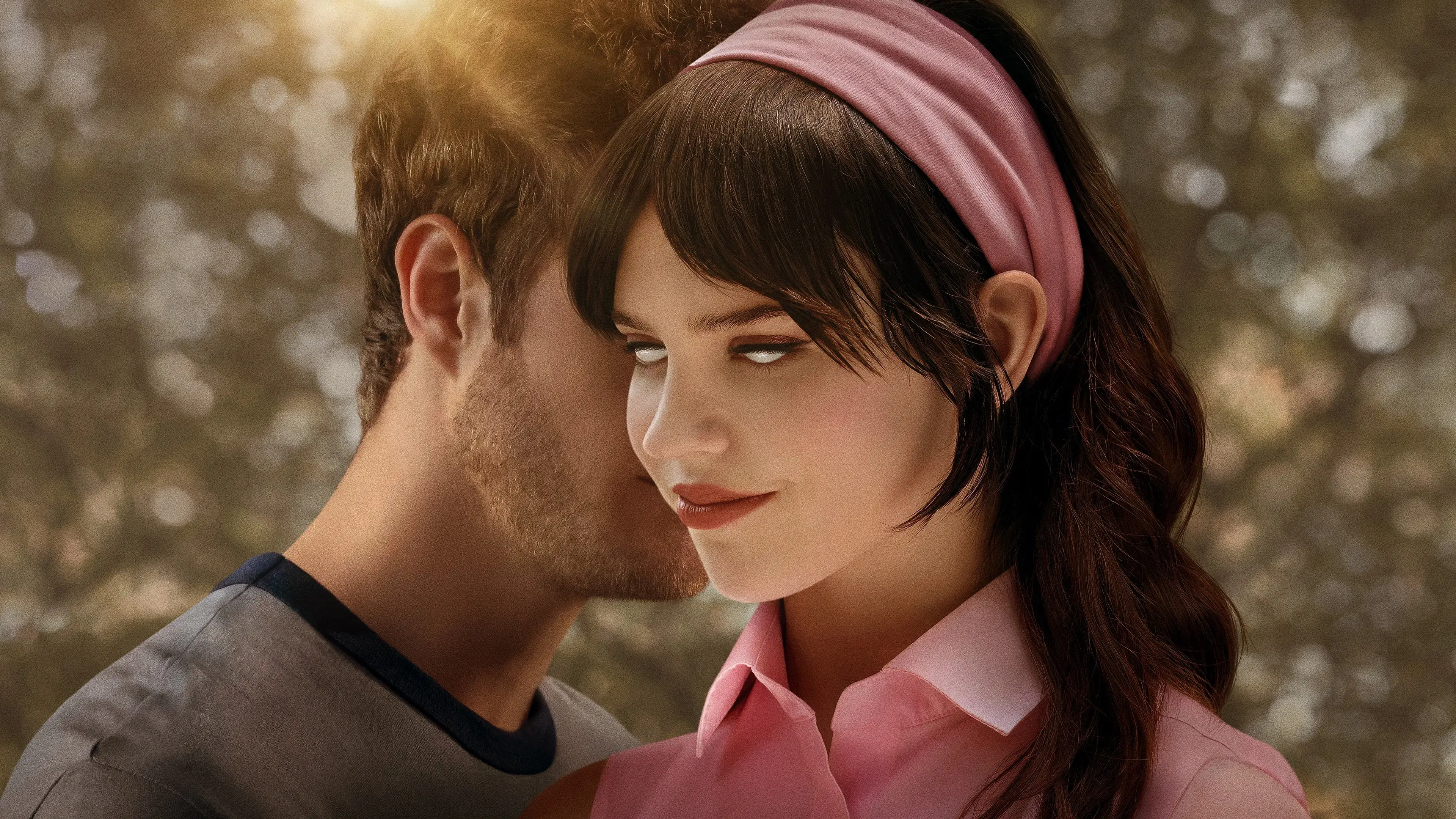 A woman with dark hair and a pink headband stands close to a man whispering in her ear, set against a blurred, sunlit background.
