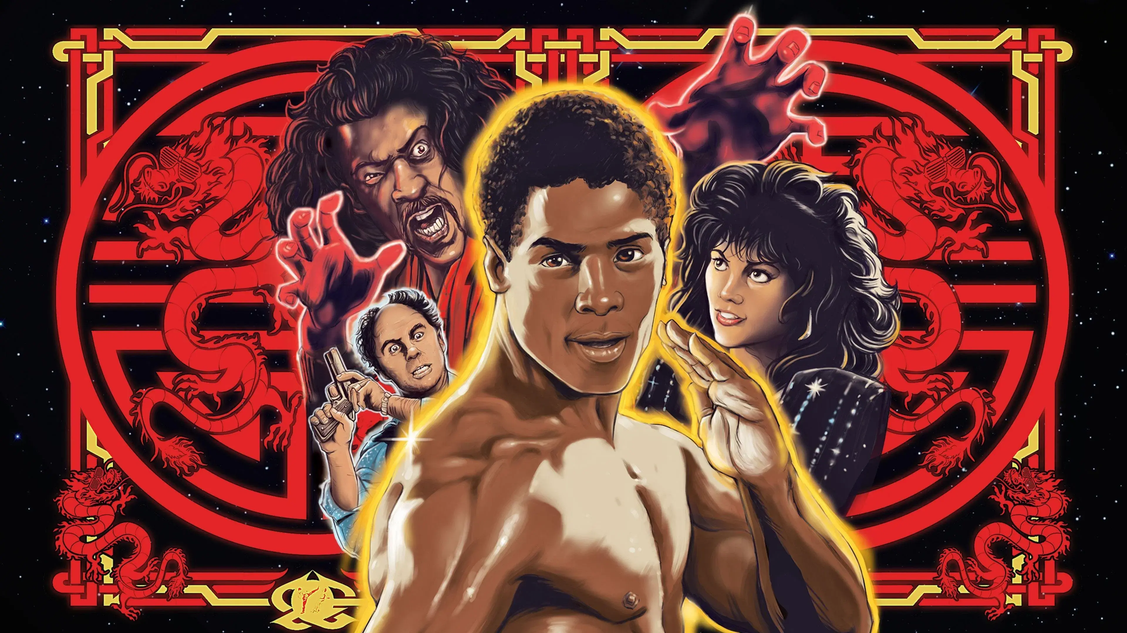 Illustrated poster featuring martial artist Bruce Leroy, with vibrant red and black dragon motifs and dynamic characters in the background.