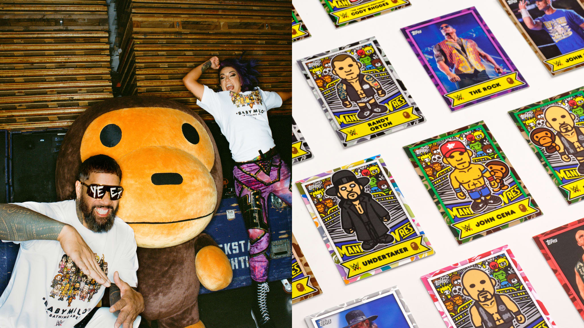 A white T-shirt with cartoon characters and "BABY MILO" text, and a trading card featuring WWE wrestler Roman Reigns in a camo border.