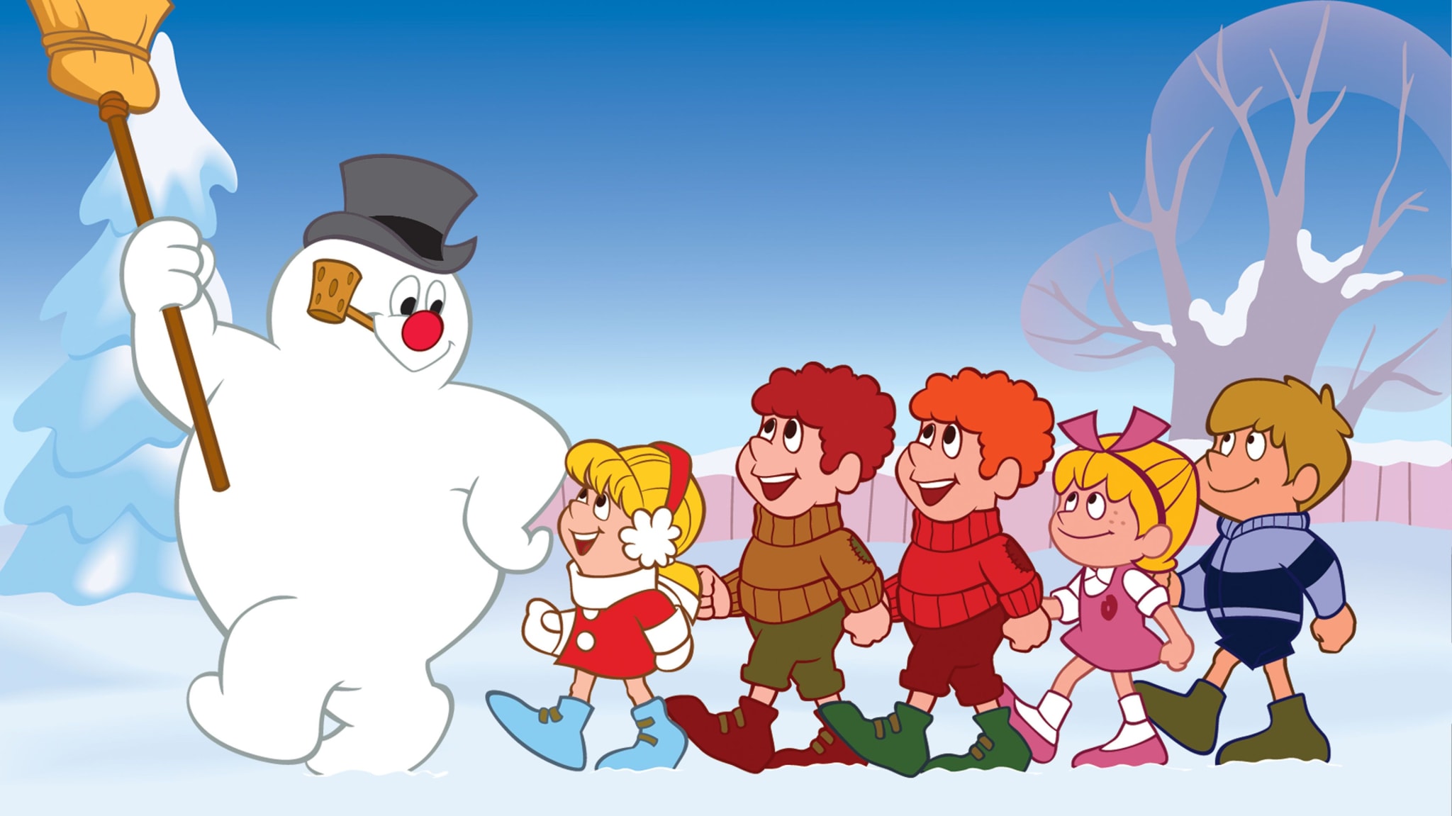 Animated scene of Frosty the Snowman leading a group of children, each dressed in winter clothing, through a snowy landscape.