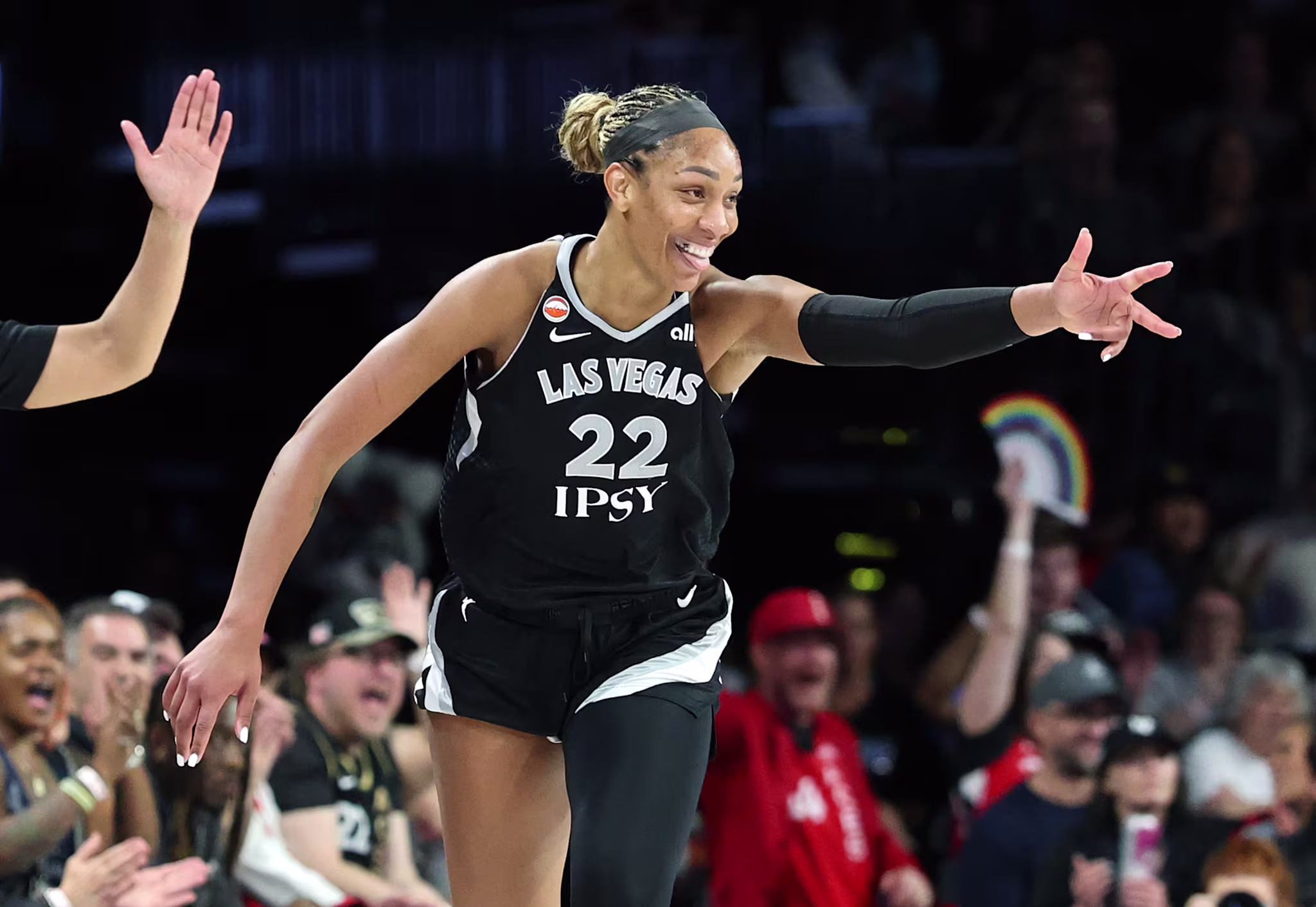 A'ja Wilson celebrates during a Las Vegas Aces game. 