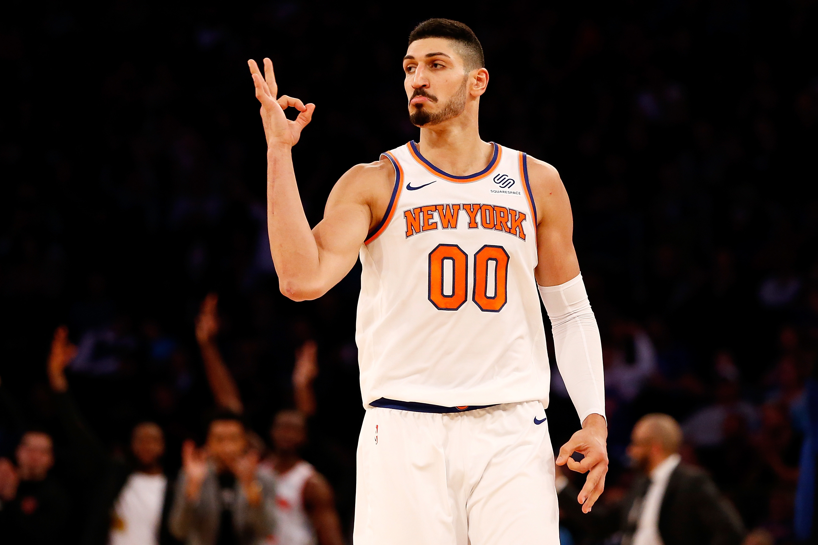 Enes Kanter celebrates after hitting a 3-pointer during a New York Knicks game in 2018. 