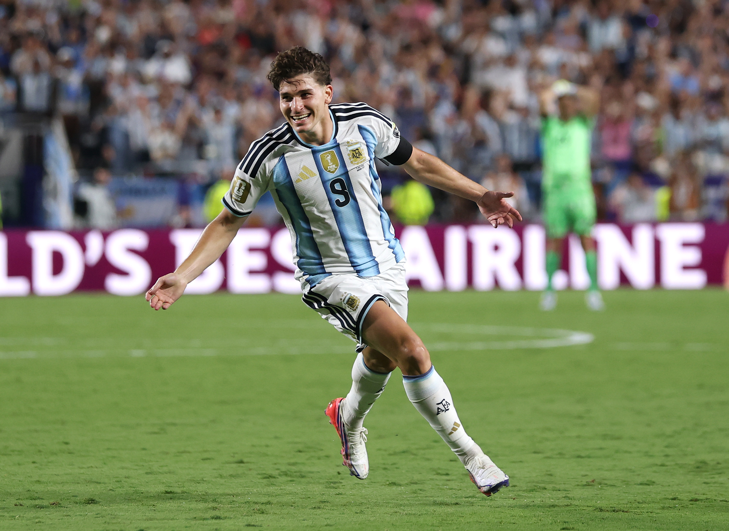 Julian Alvarez celebrates after a scoring a goal in Argentina's win over Switzerland in the 2026 FIFA World Cup Quarterfinals. 