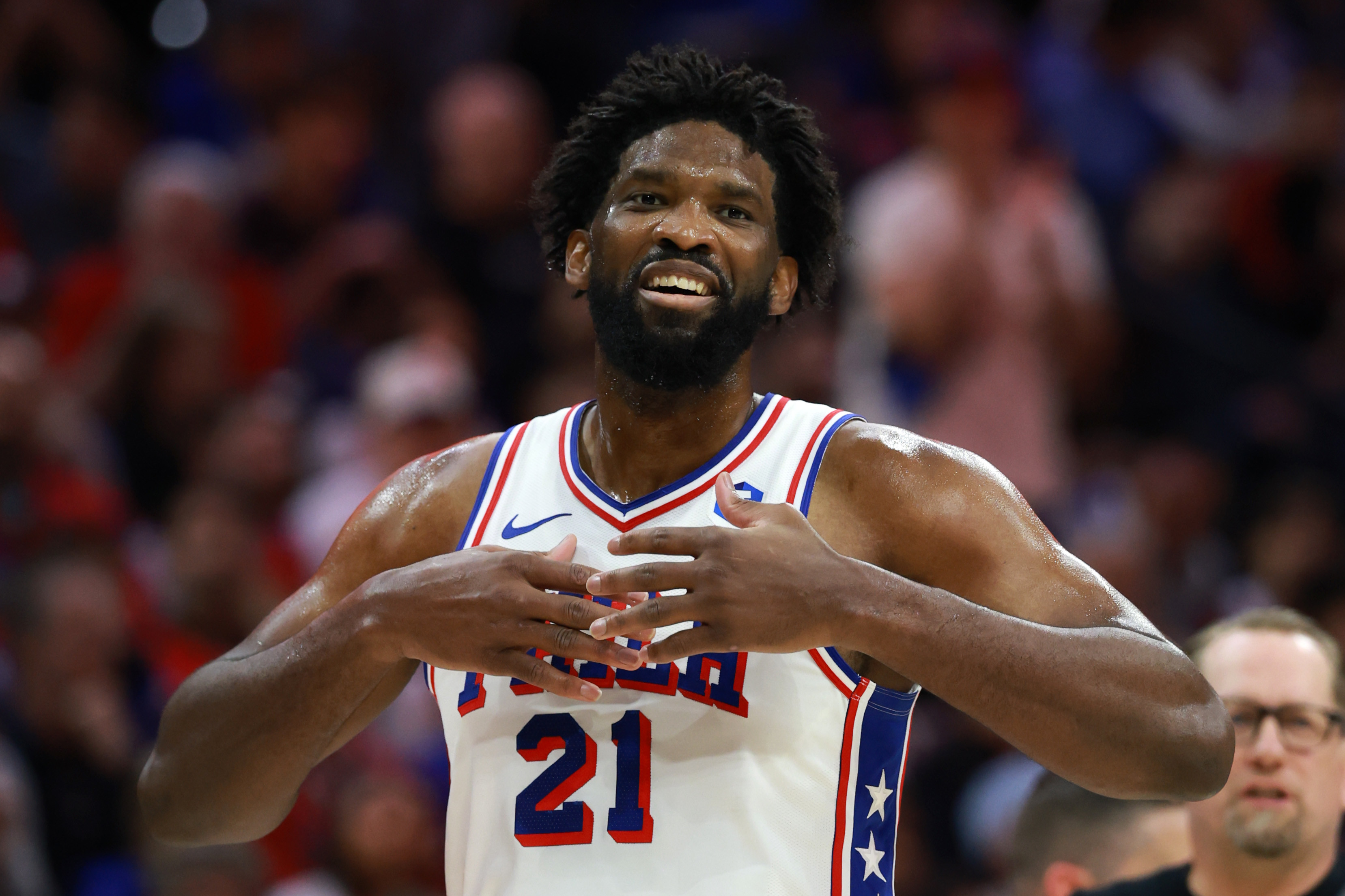 Joel Embiid reacts to a call during Game 6 of the series between the Boston Celtics and Philadelphia 76ers. 